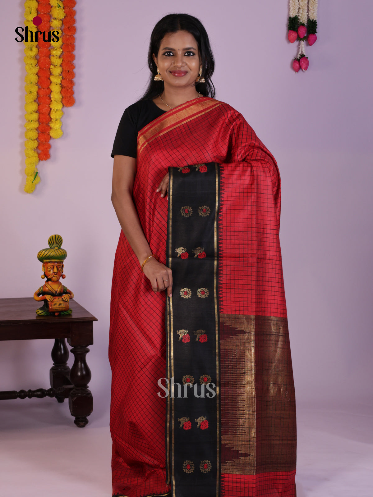 Bright Red & Black Raw Silk Saree with checks & zari woven pallu - DLS30175
