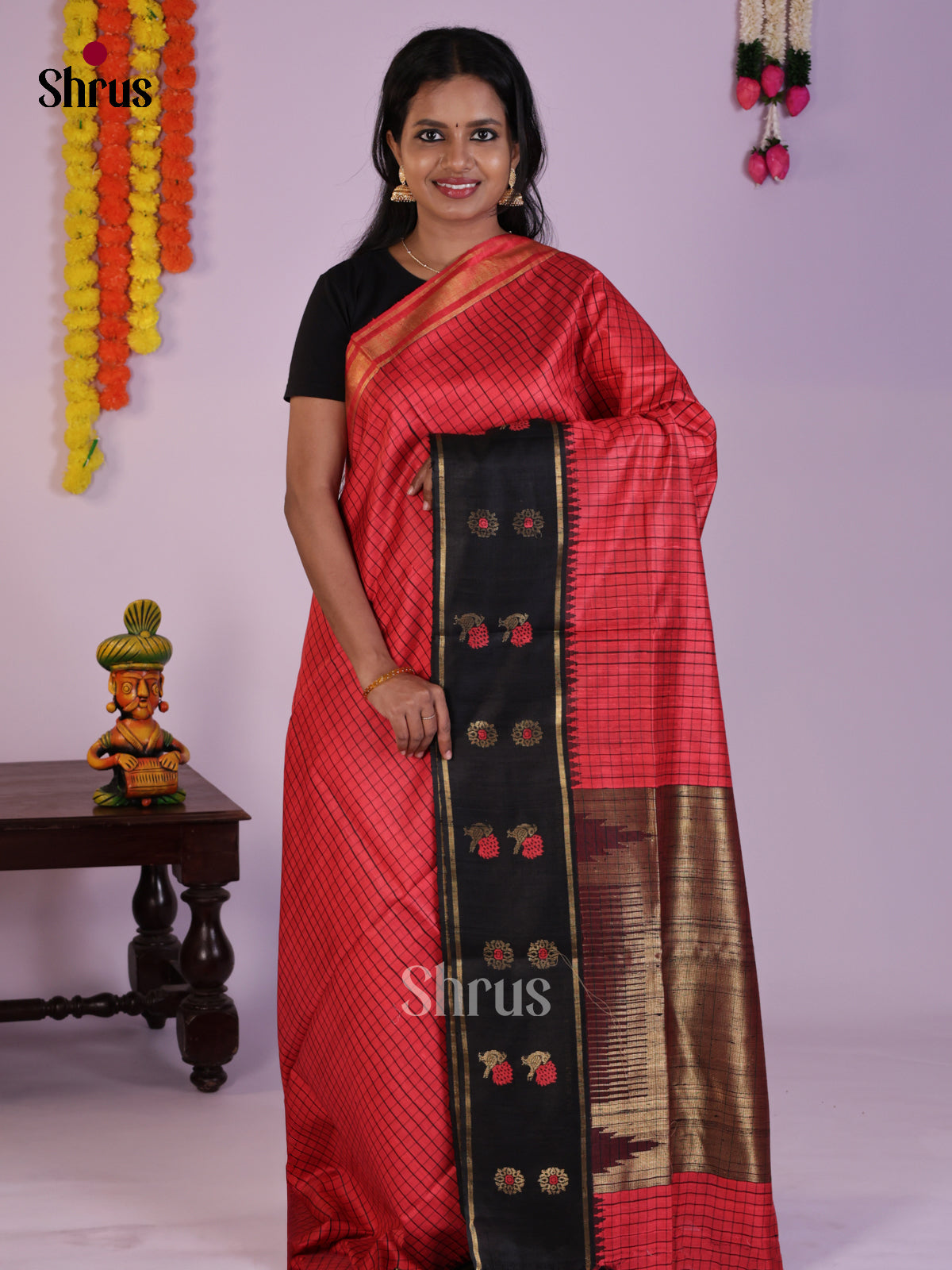 Radiant Orangish Pink & Black Raw Silk Saree with checkered pattern - DLS30176