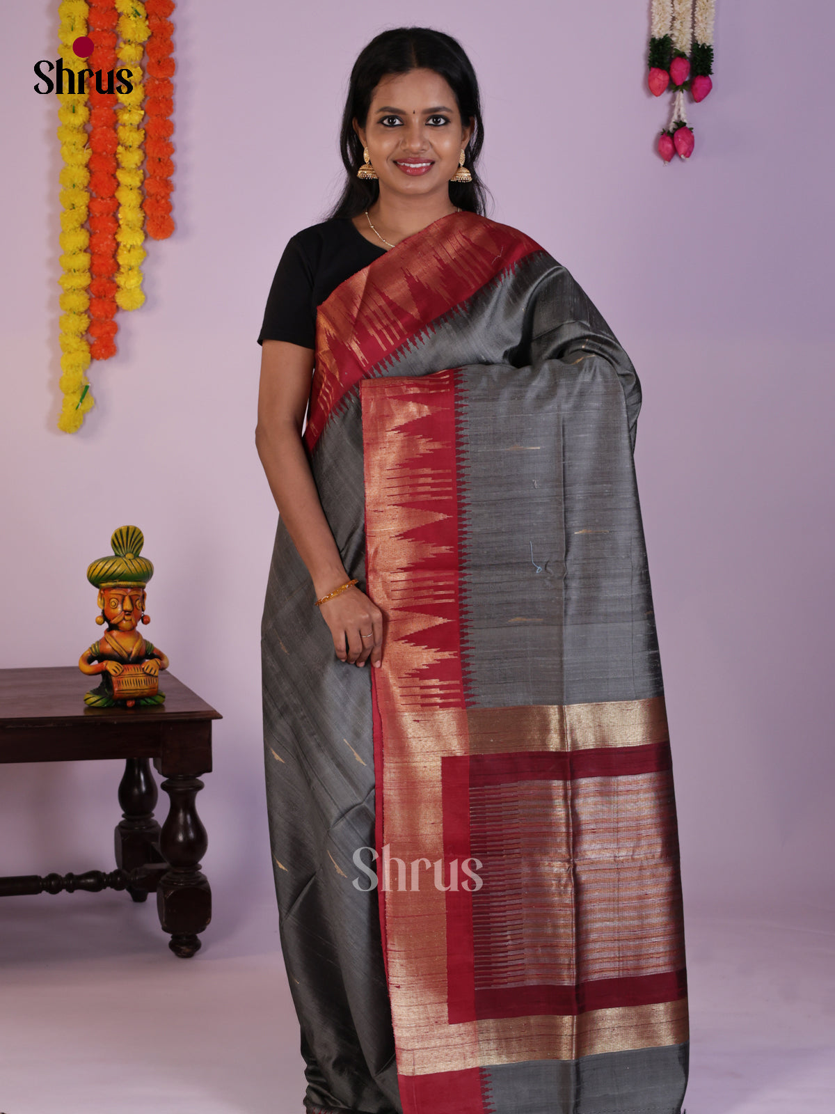Beautiful Grey & Maroon Raw Silk Saree with zari buttas & temple zari border - DLS30177