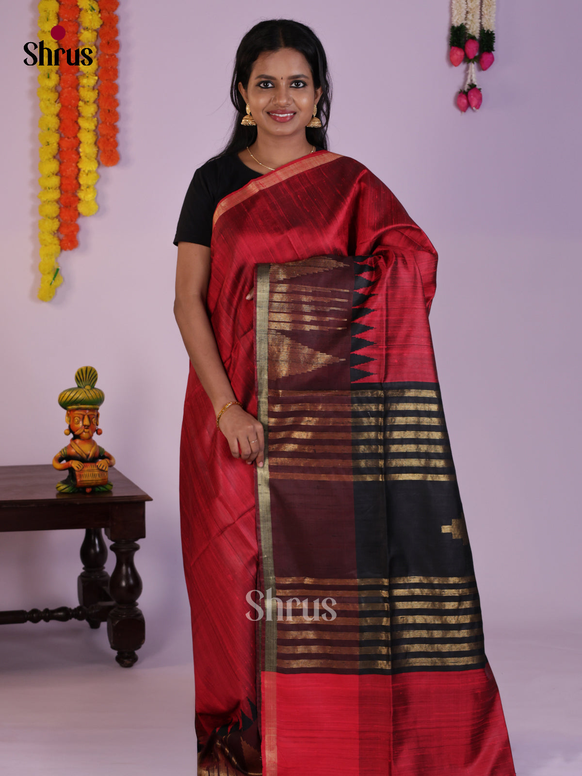Lustrous Red & brown Raw Silk Saree with temple border - DLS30185