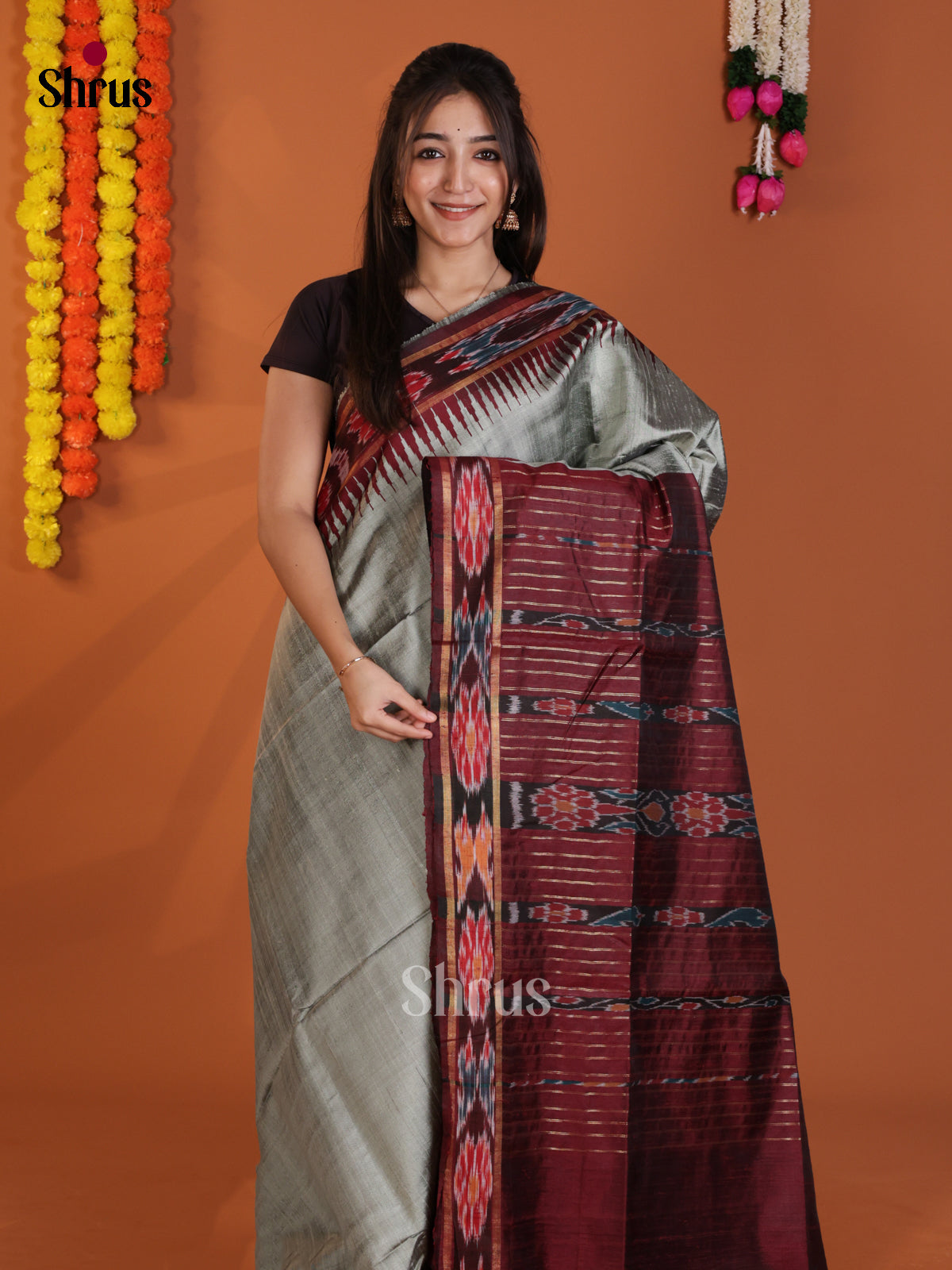 Stunning Grey & maroon Raw Silk Saree with ikkat border -DLS30188 - Shop on Shrus.com