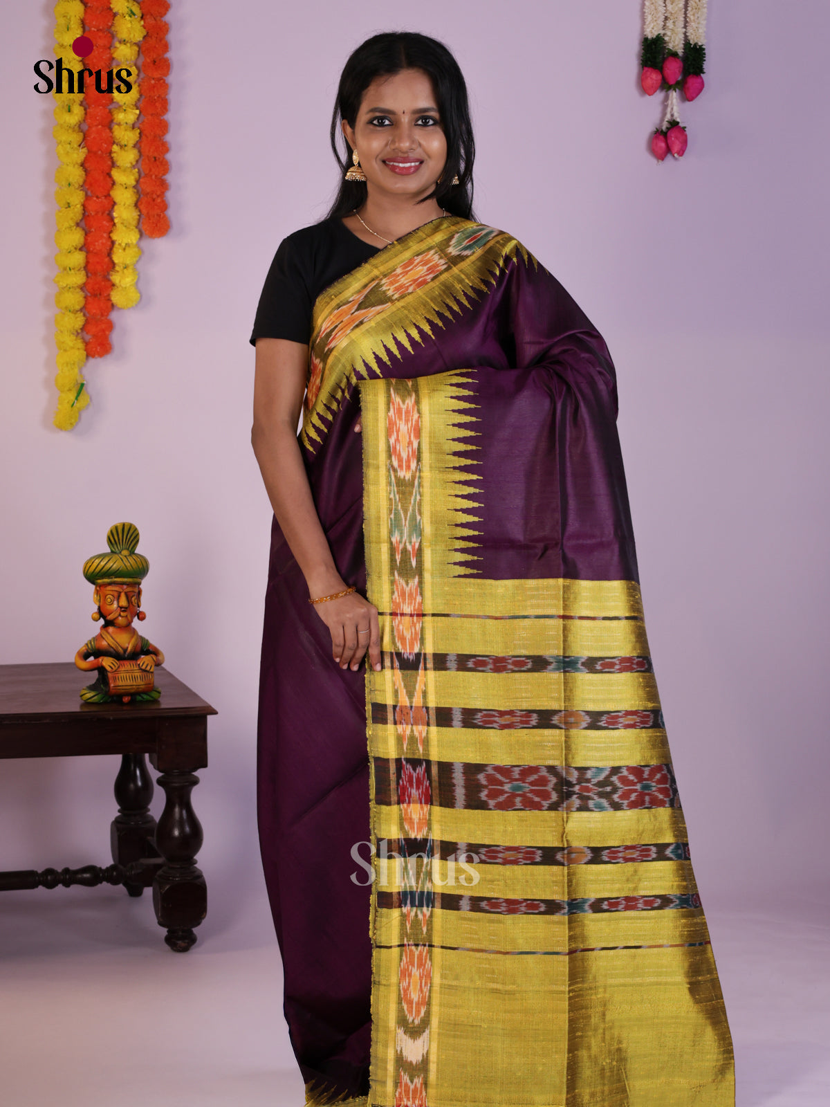 Elegant Violet & Light green Raw Silk Saree with ikkat border - DLS30196