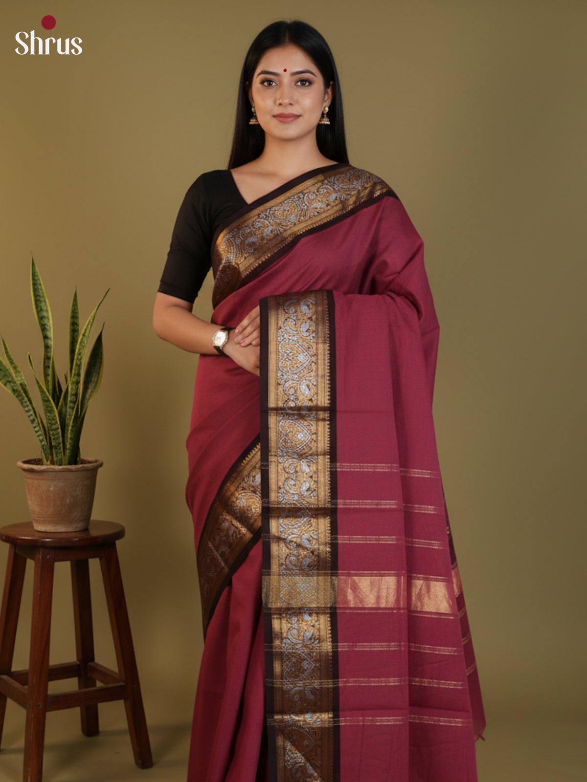 Maroon & Black - Chettinad Cotton Saree- DLS30286 - Shop on Shrus.com