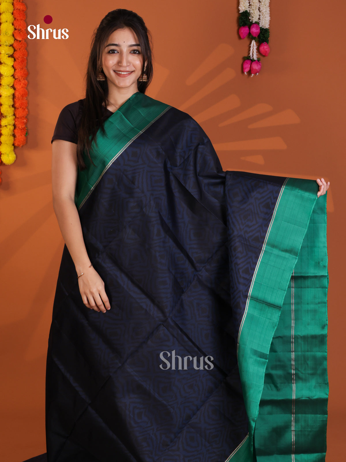Vibrant Blue & Green Soft Silk Saree with ikkat pattern & Brocade pallu