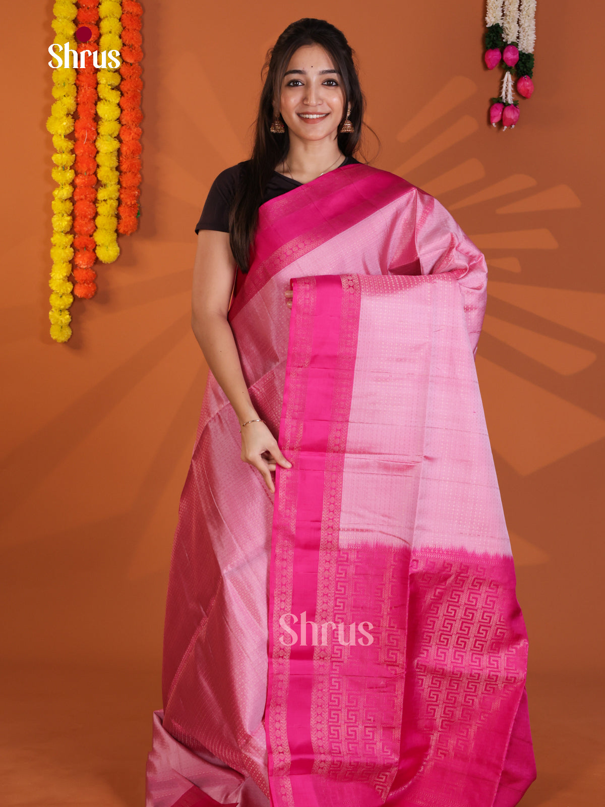 Lustrous Baby Pink & Pink Soft Silk Saree with self checks, buttas , rettaipet border