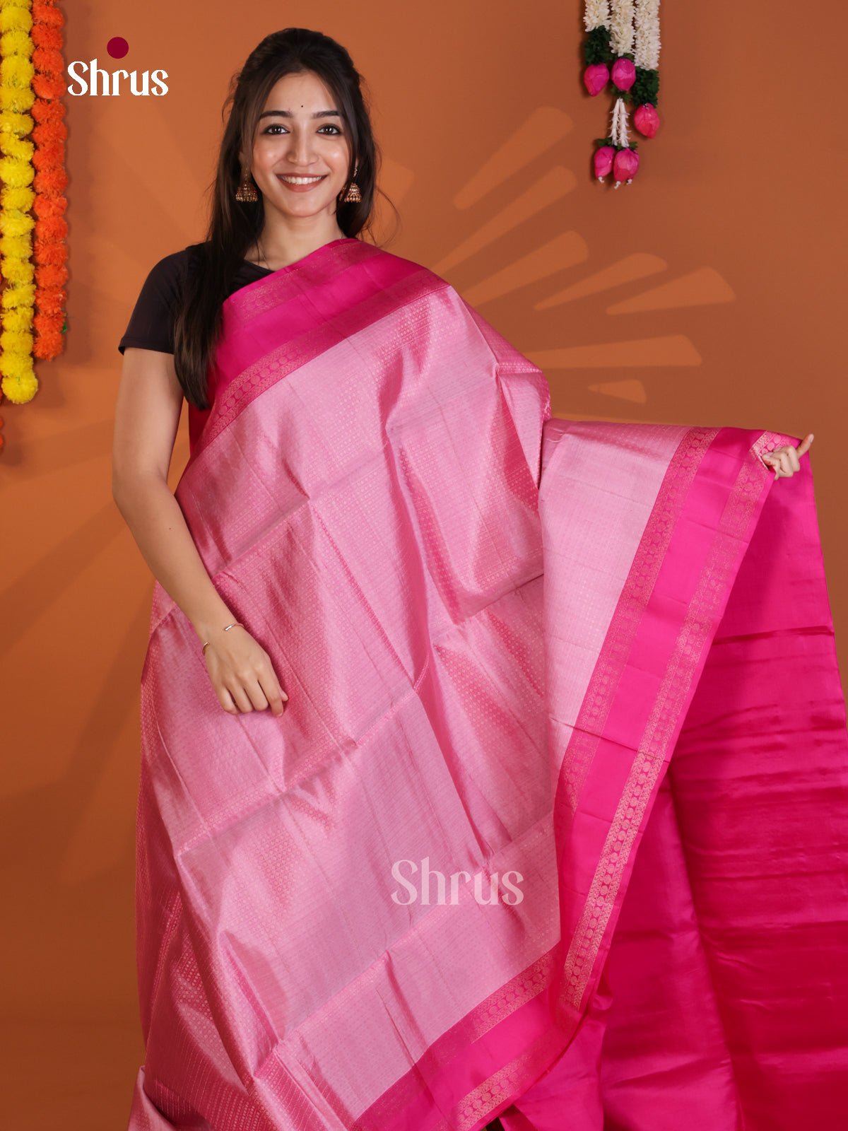 Lustrous Baby Pink & Pink Soft Silk Saree with self checks, buttas , rettaipet border