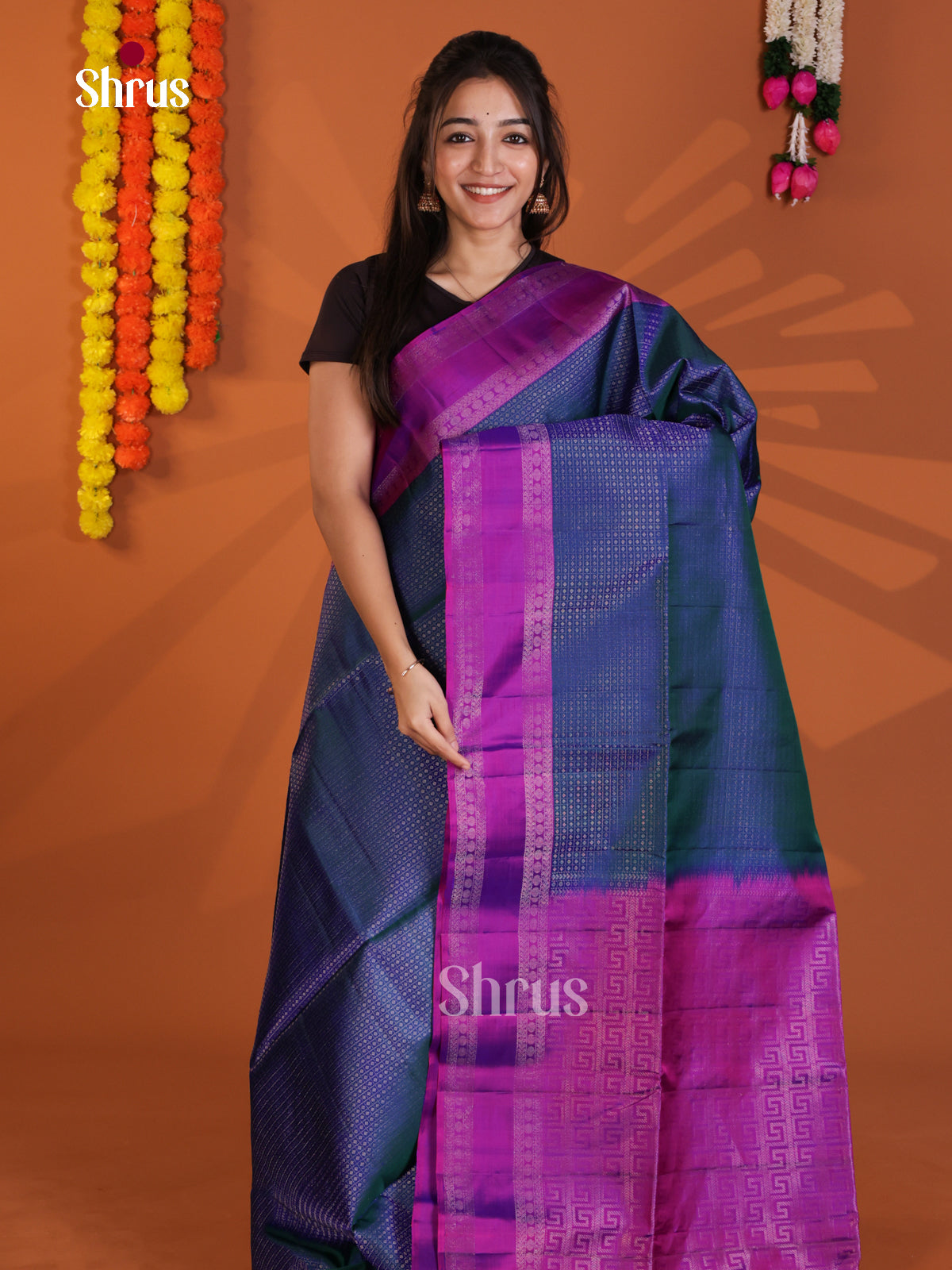 Beautiful Blue & Purple Soft Silk Saree with checks, buttas & rettaipet border