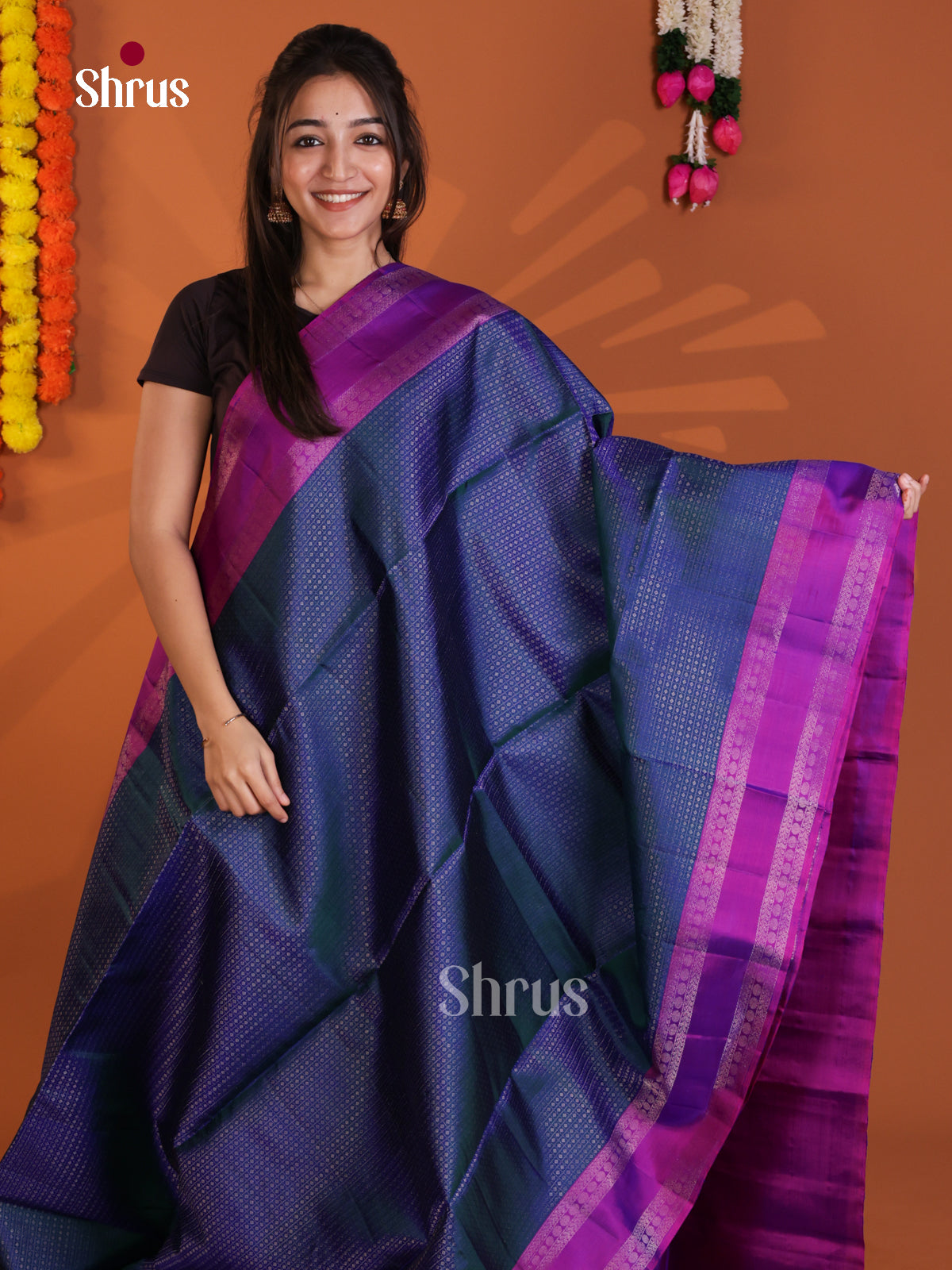 Beautiful Blue & Purple Soft Silk Saree with checks, buttas & rettaipet border