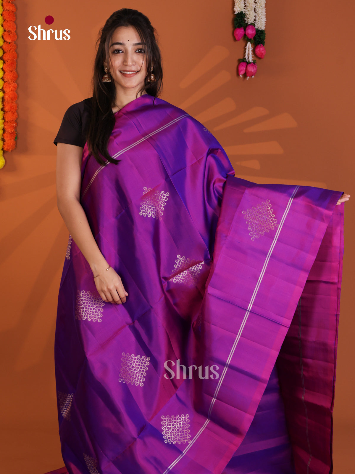 Elegant Vadamalli Soft Silk Saree with zari kolam buttas & Brocade pallu - Shop on Shrus.com