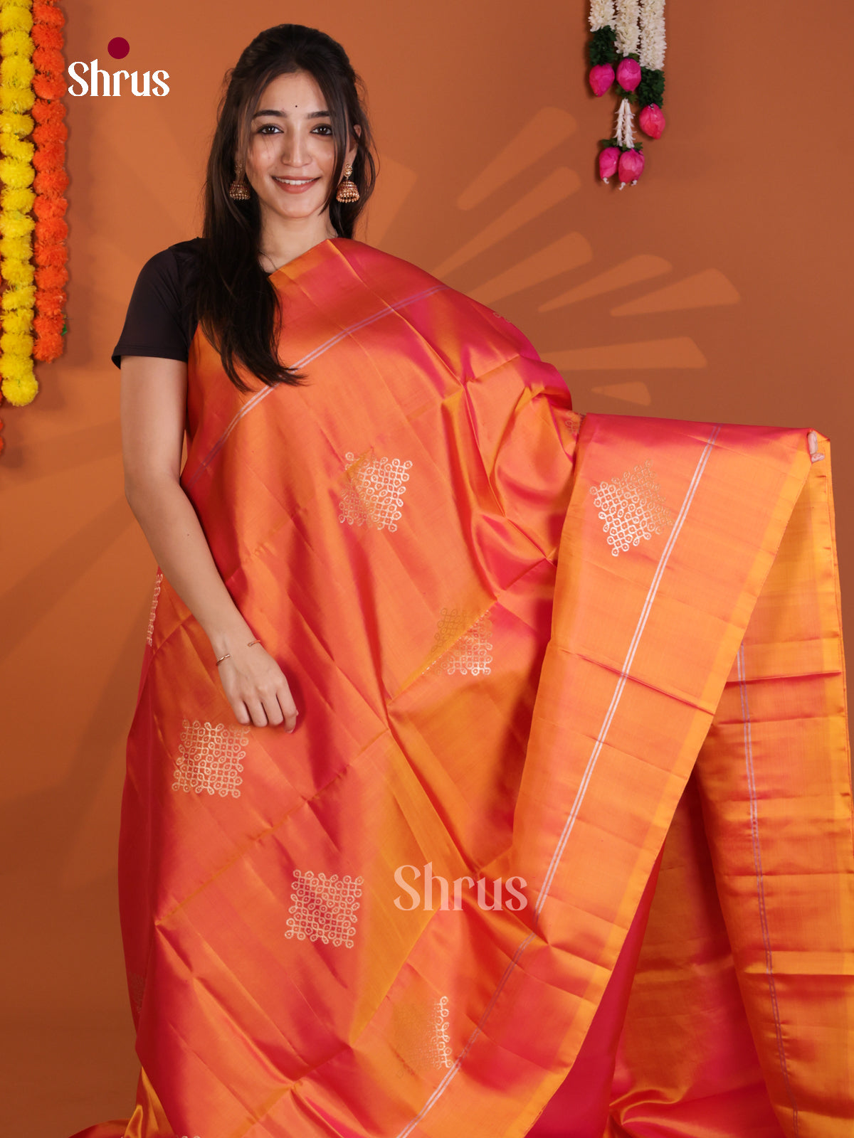 Luminous Orange Single Tone Soft Silk Saree with zari kolam motifs - Shop on Shrus.com