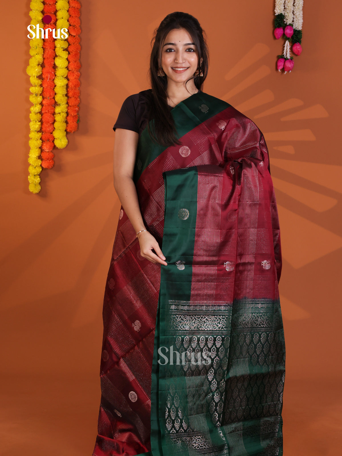 Stunning Maroon & Green Soft Silk Saree with zari checks, peacock buttas