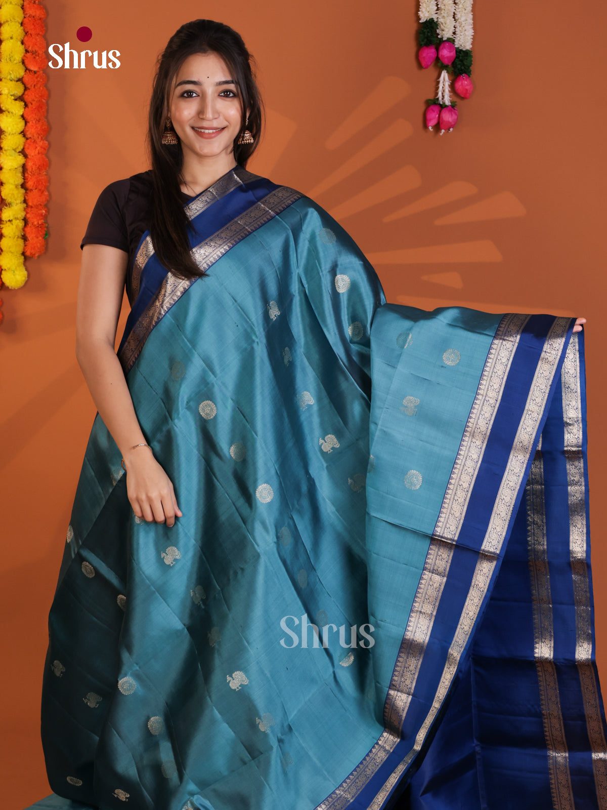 Pretty Blue & dark Blue Soft Silk Saree with zari peacock , round buttas & rettaipet border - Shop on Shrus.com