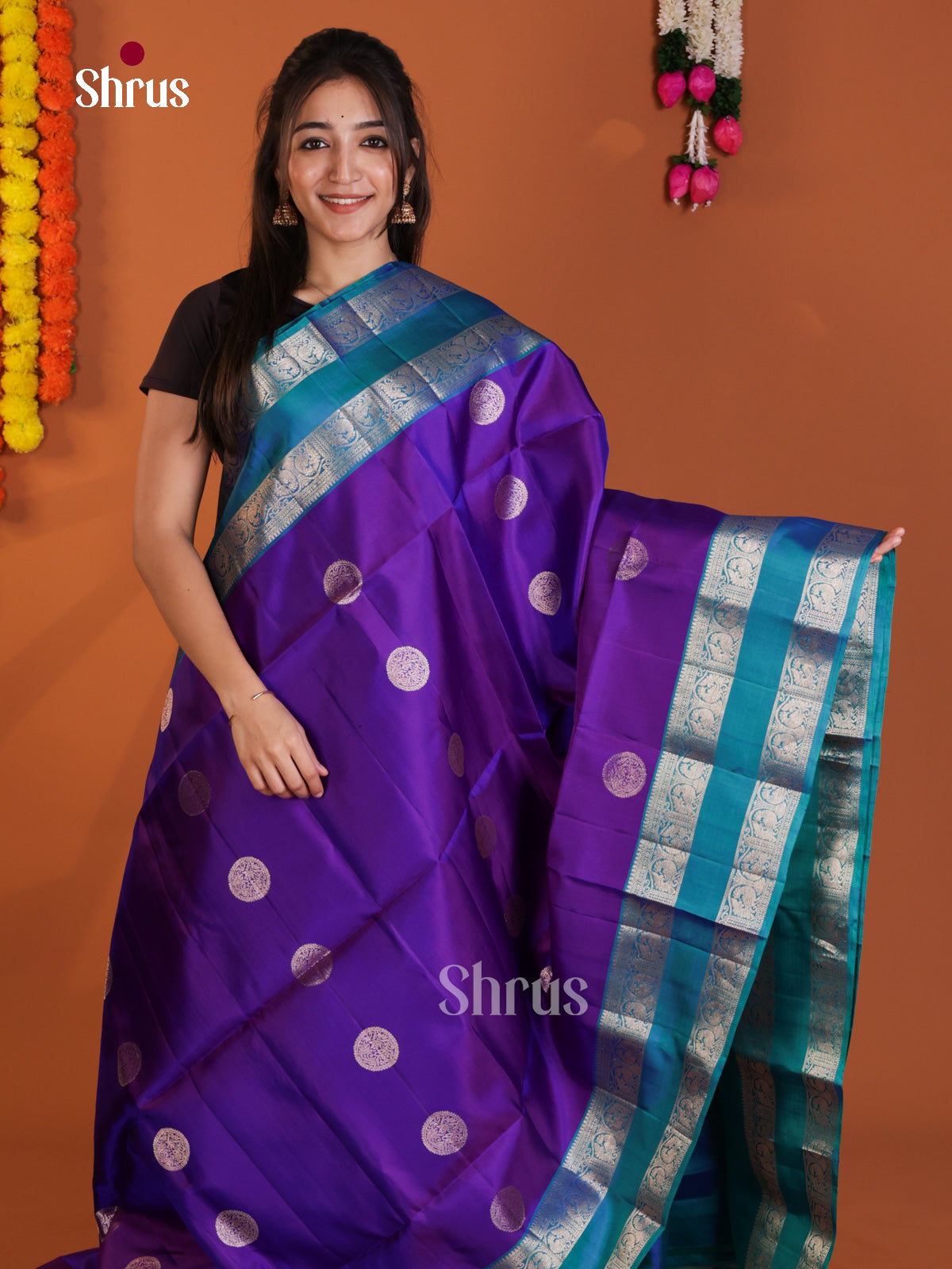 Lustrous Purple & Blue Soft Silk Saree with zari motifs & rettaipet border - Shop on Shrus.com