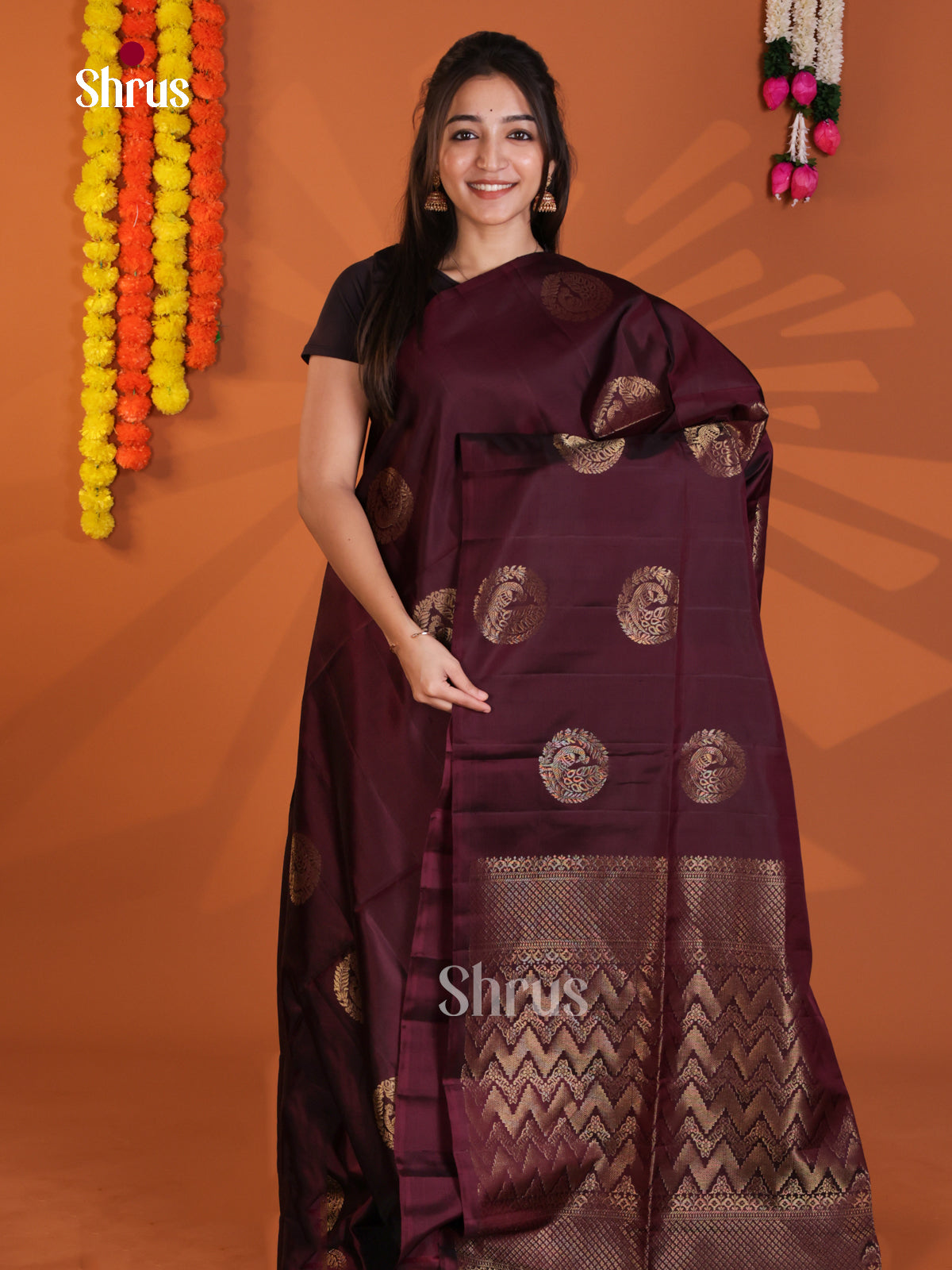 Classy Maroon single Tone Soft Silk Saree with zari peacock in round motifs