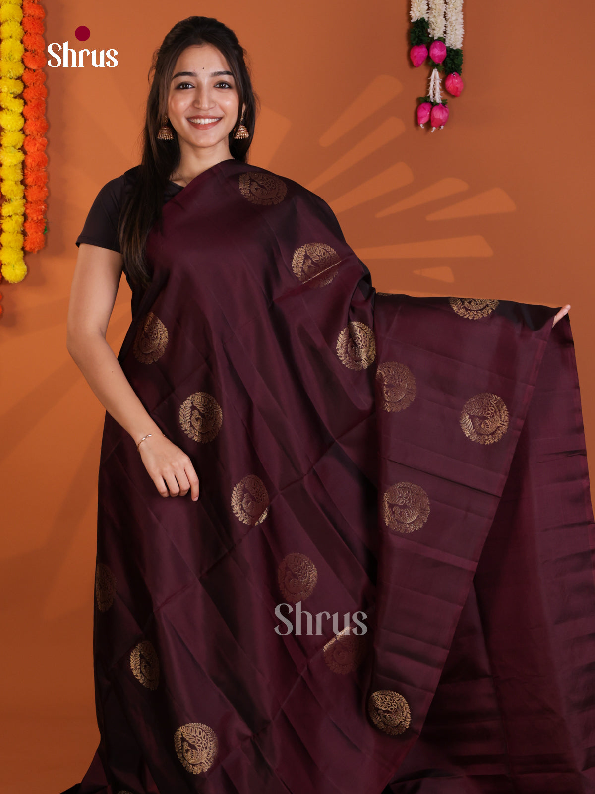 Classy Maroon single Tone Soft Silk Saree with zari peacock in round motifs
