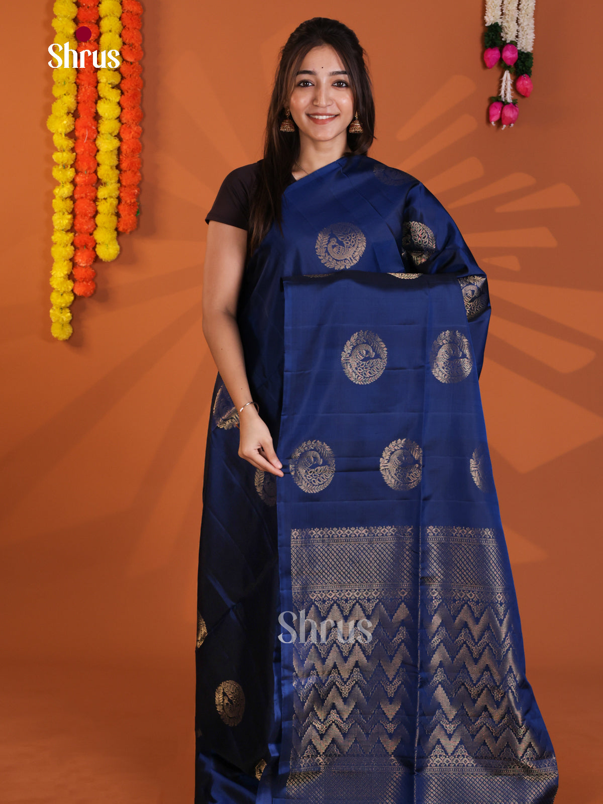 Vibrant Blue Single Tone Soft Silk Saree with zari Peacock in round motifs - Shop on Shrus.com
