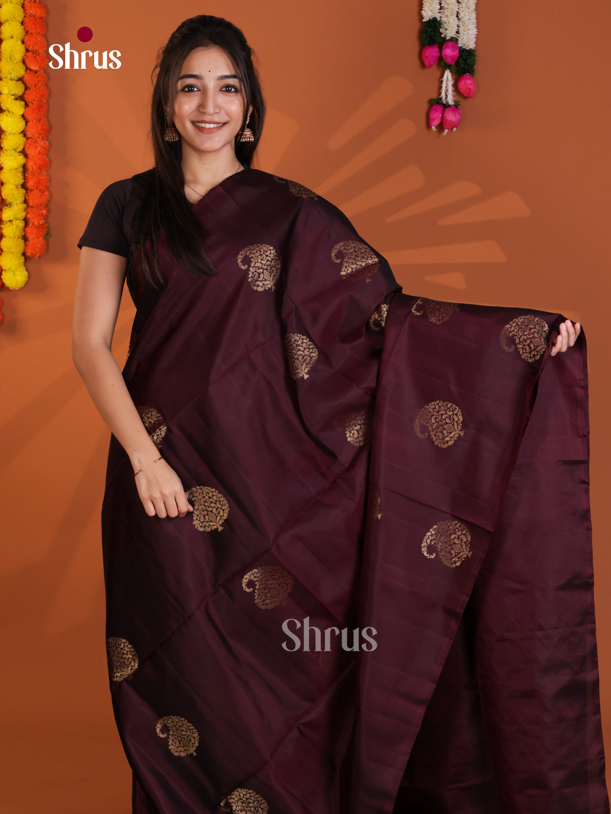 Classy Maroon single Tone Soft Silk Saree with zari paisleys motifs - Shop on Shrus.com
