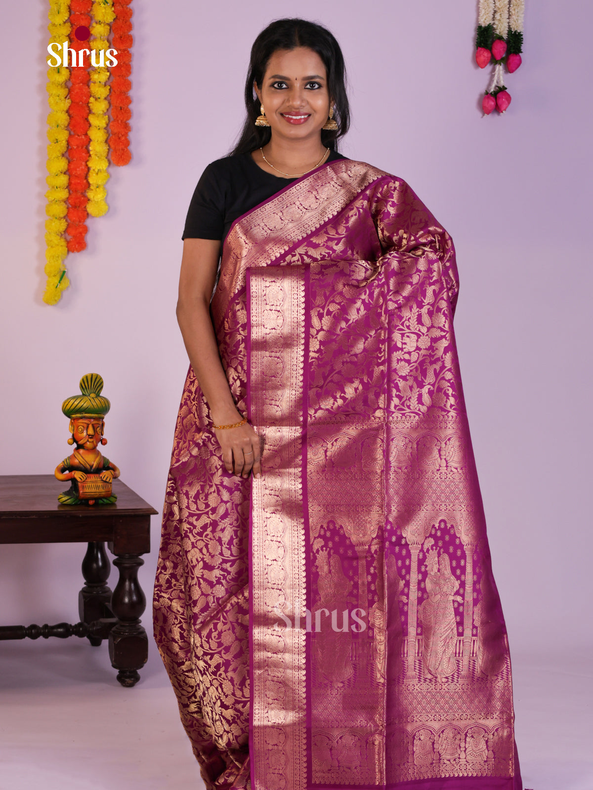 Dazzling Purple Soft Silk Saree with zari vanashingaram floral brocade