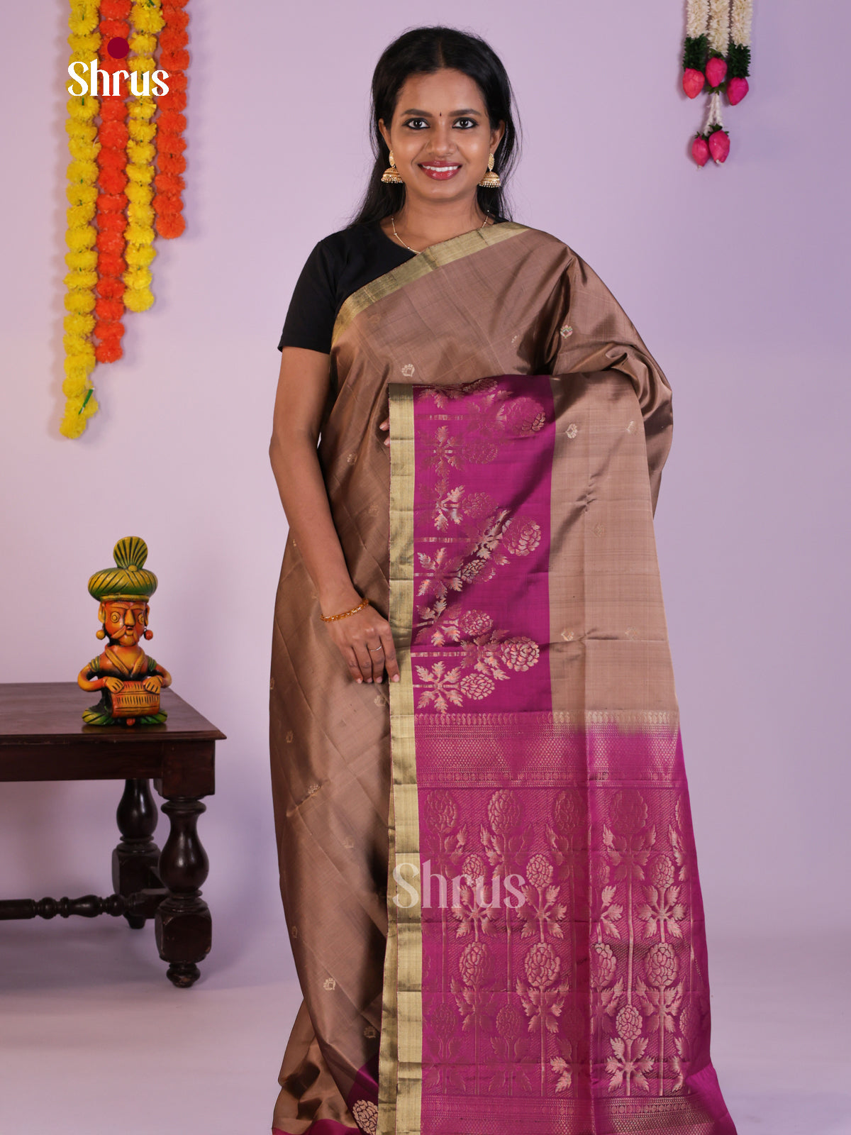 Light Brown & Purple Soft Silk Saree with zari buttas & Brocade pallu