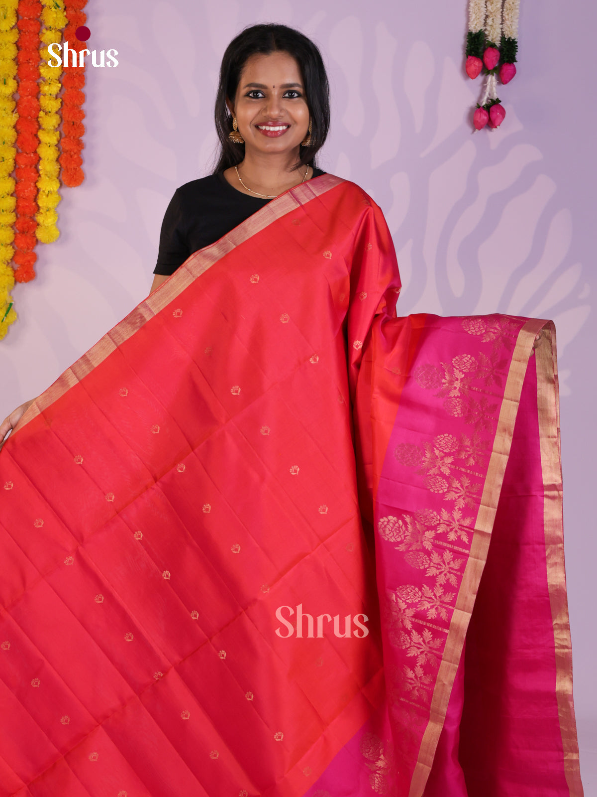 Radiant Orange & Pink Soft Silk Saree with zari buttas & Brocade pallu