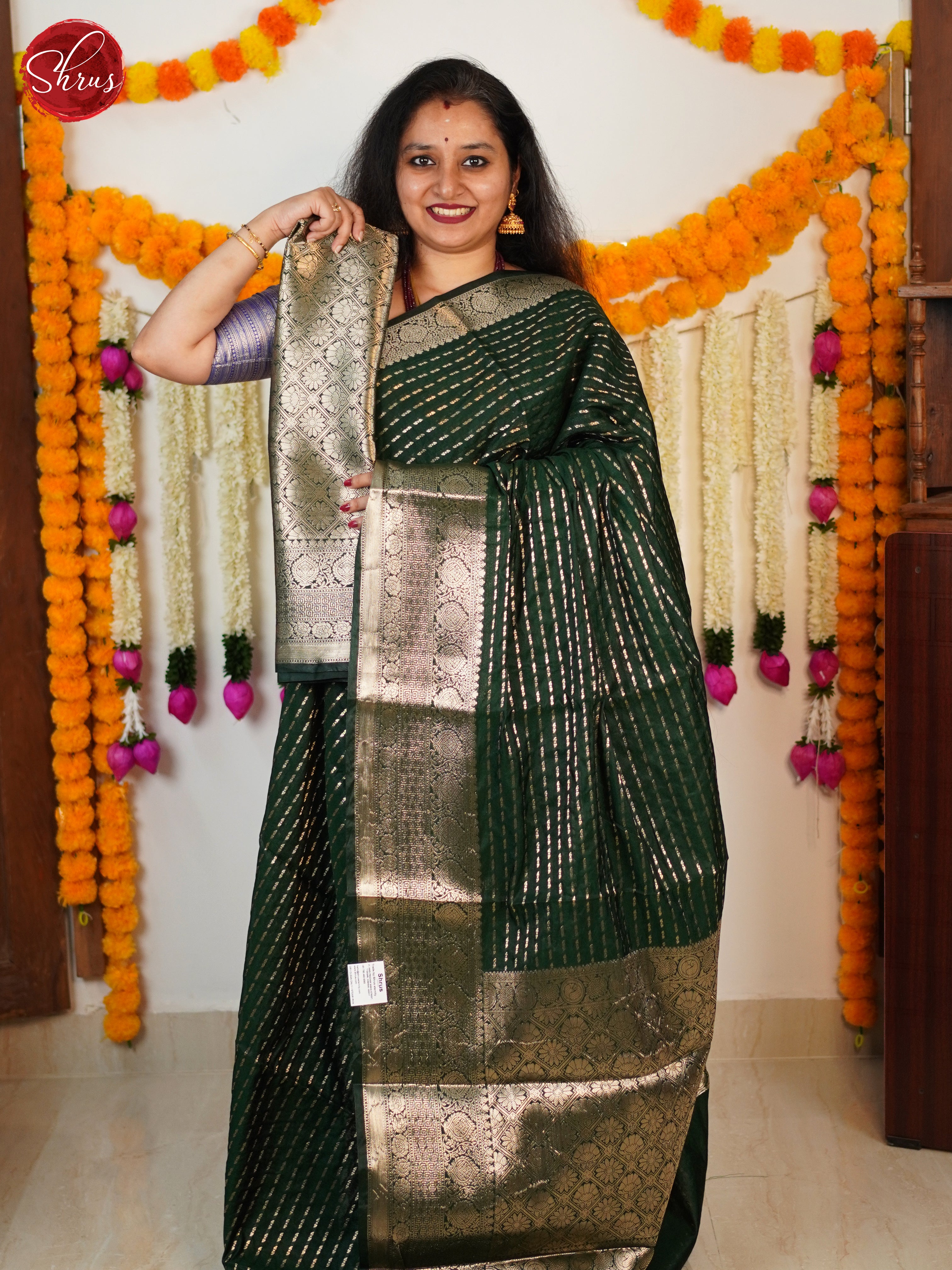 Bottle Green(Single tone) - Semi Dupion Saree - Shop on ShrusEternity.com