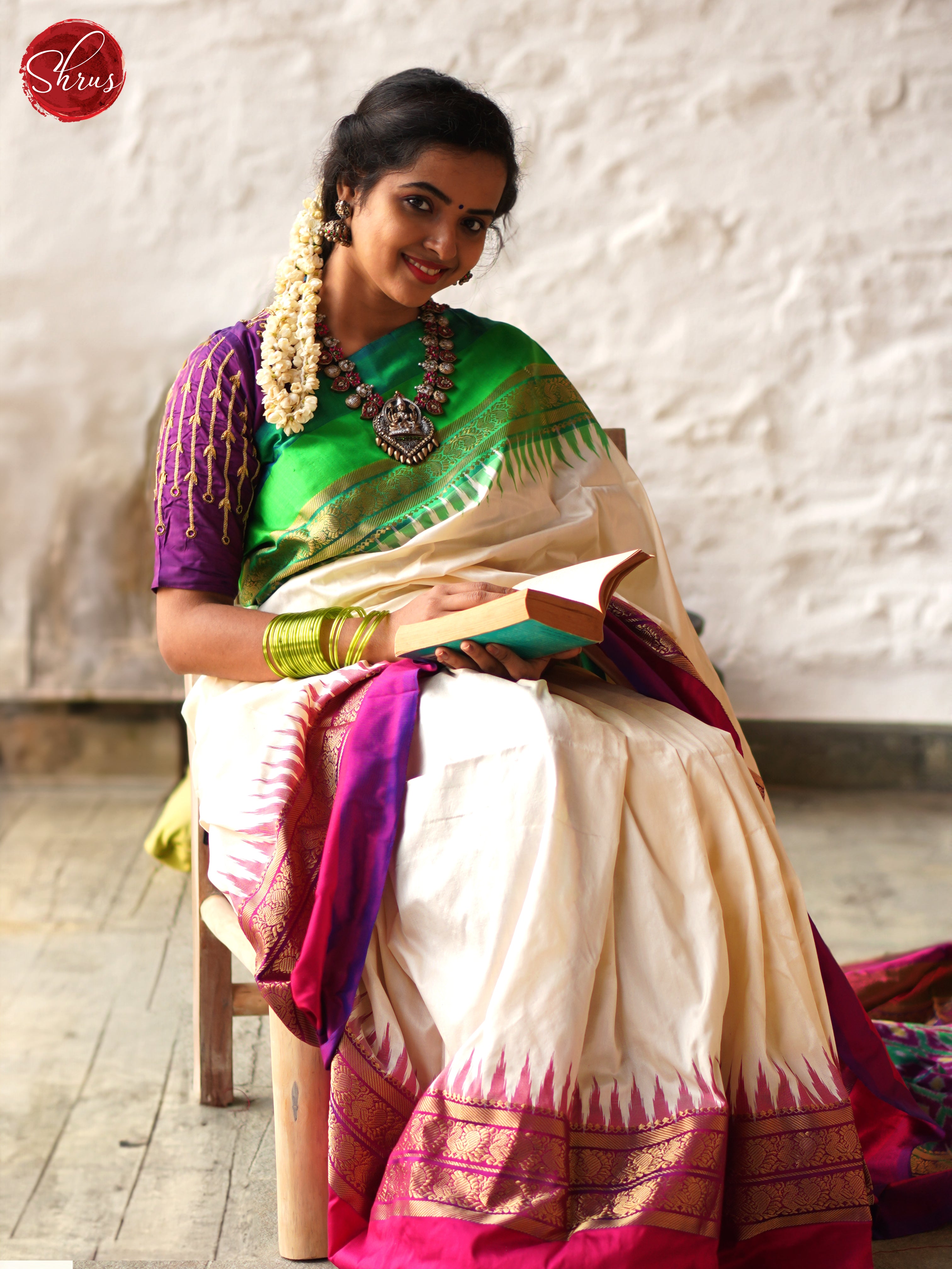 Cream And Purple- Ikkat Silk Saree - Shop on ShrusEternity.com
