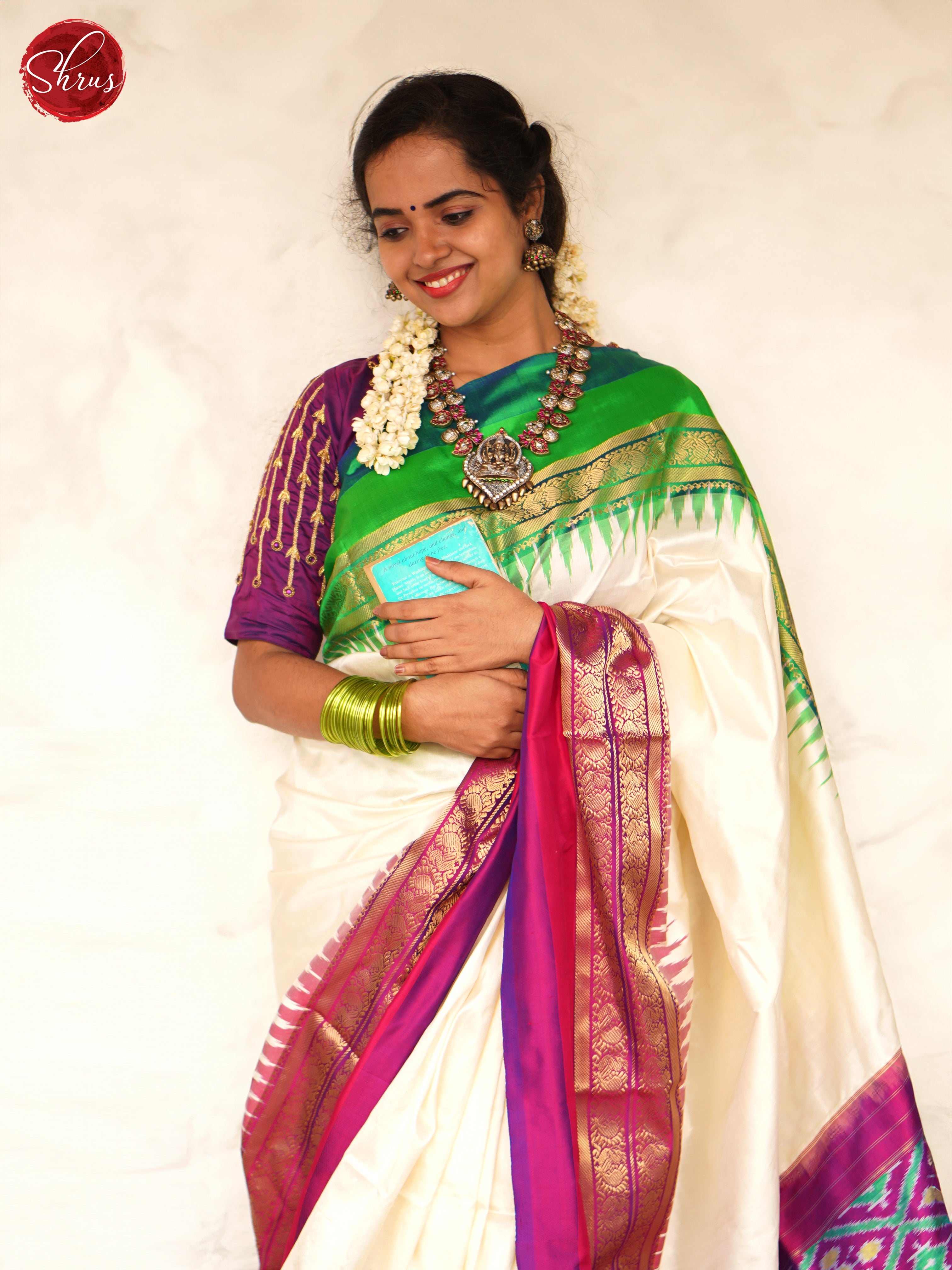 Cream And Purple- Ikkat Silk Saree - Shop on ShrusEternity.com