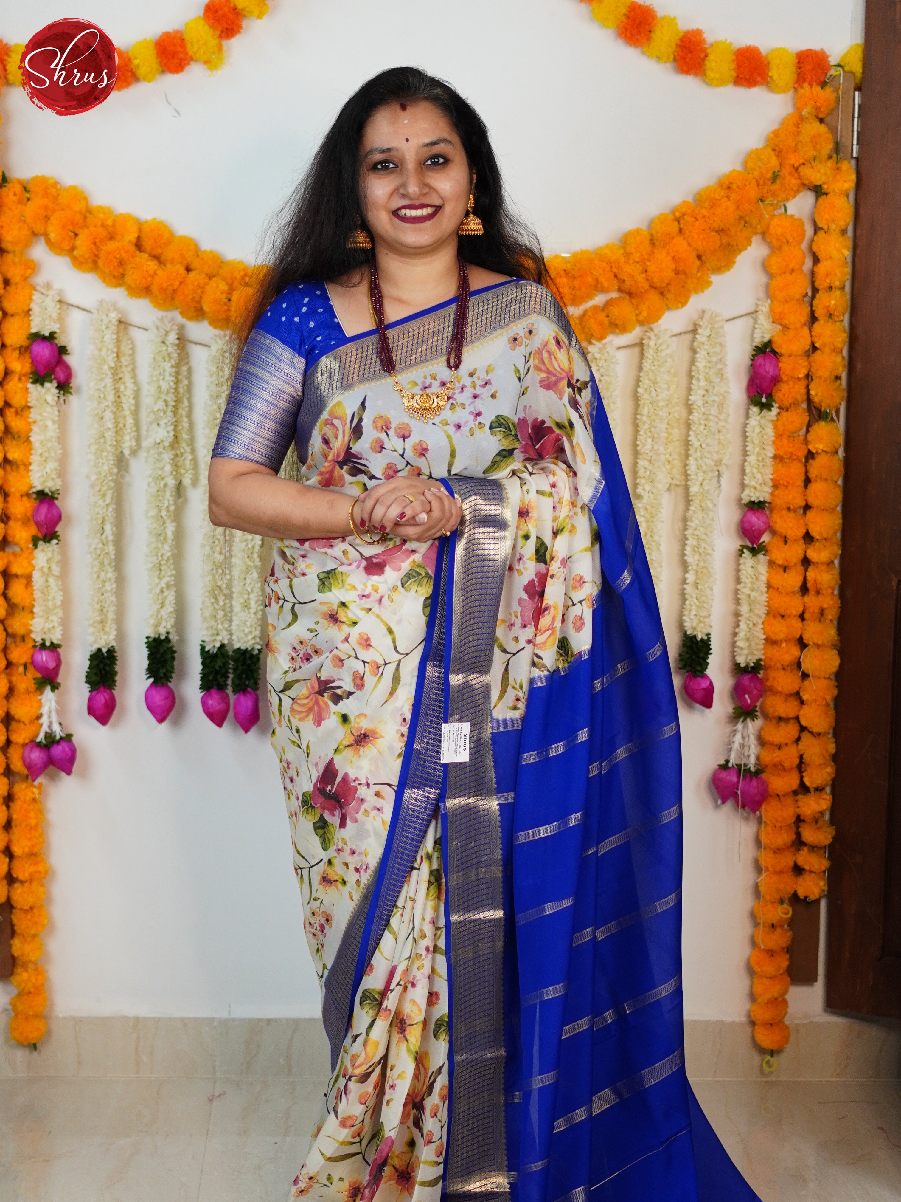 Cream & Blue - Mysore Silk Saree - Shop on ShrusEternity.com