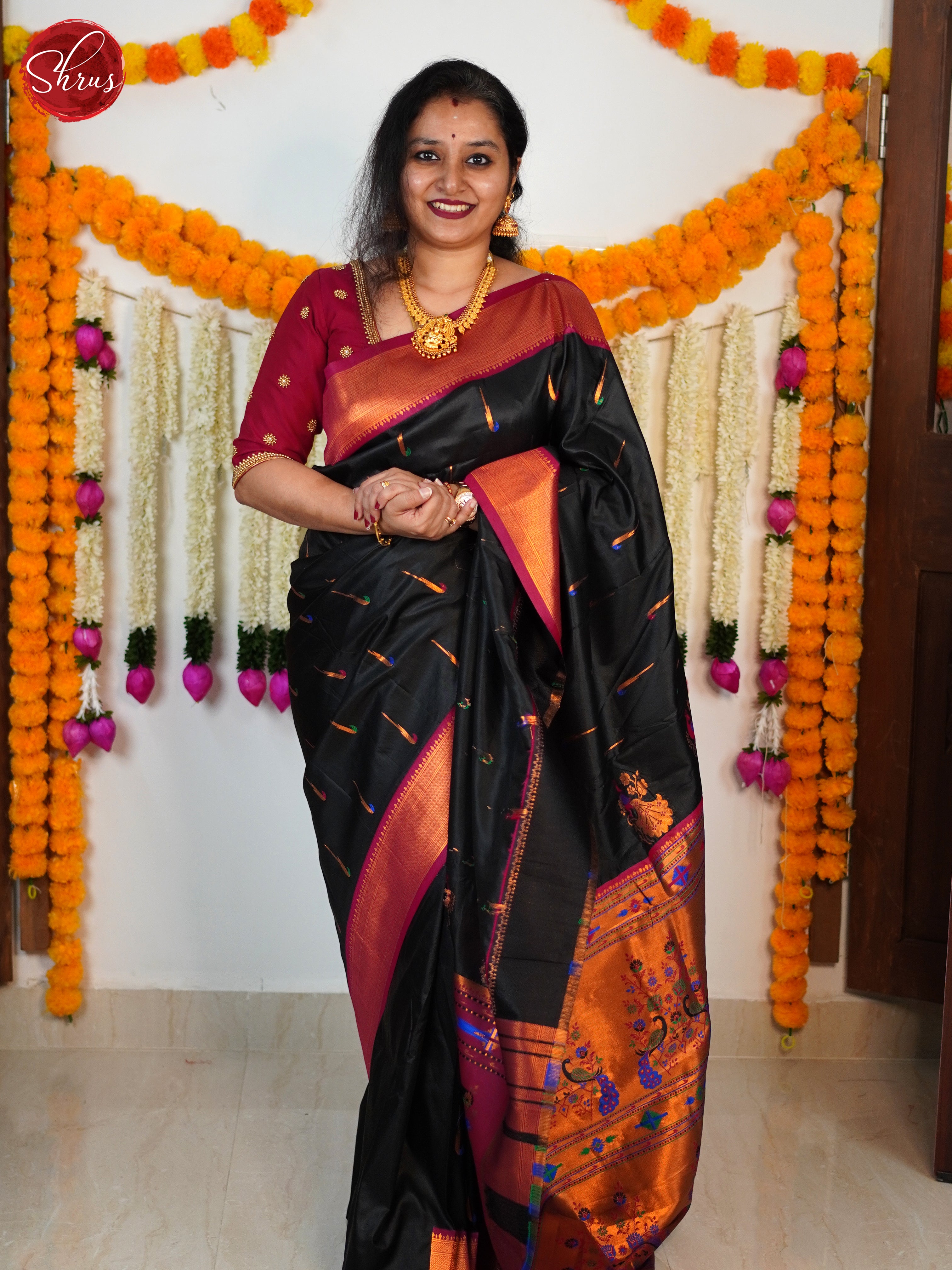 Black & Pink - Semi Kanchipuram Saree - Shop on ShrusEternity.com