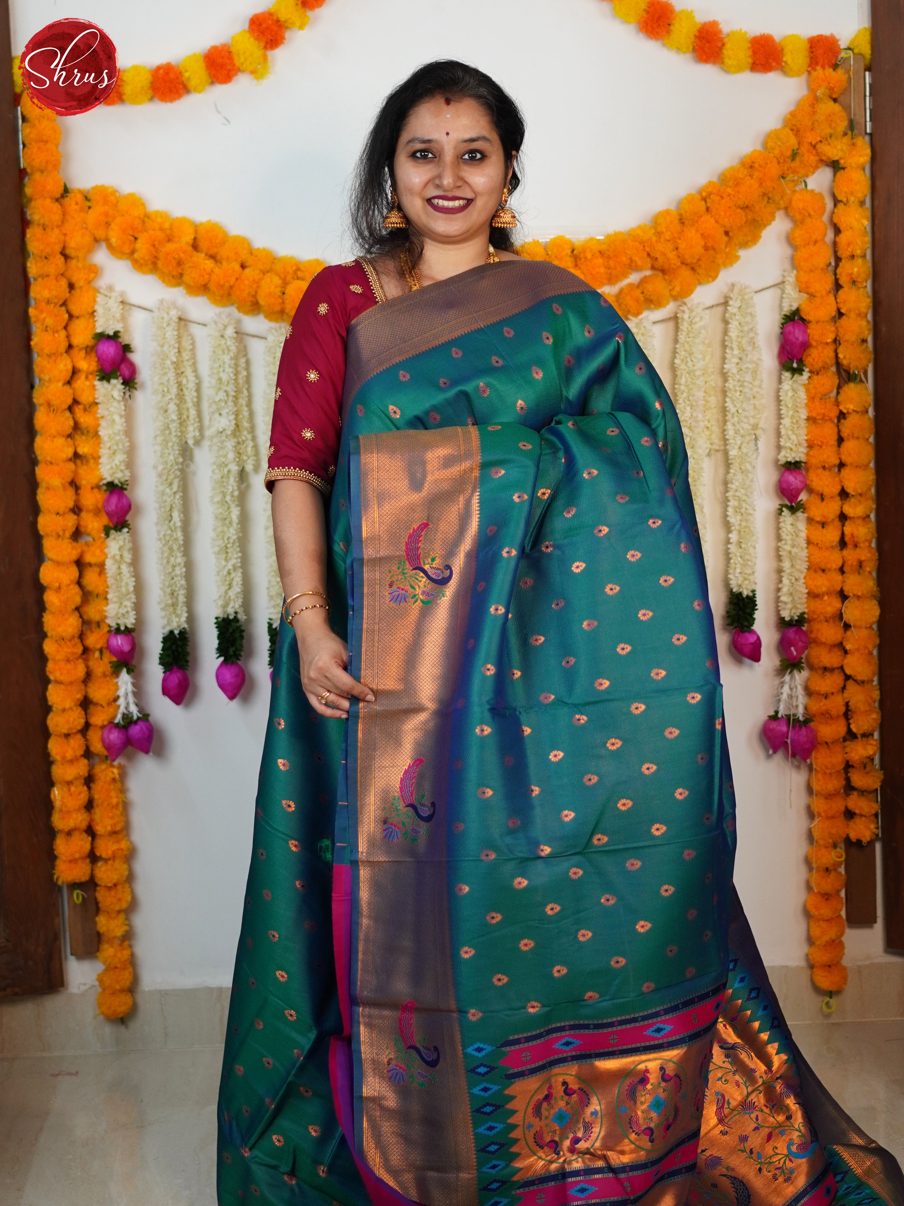 Peacock Blue & Pink- Semi Paithani Saree - Shop on ShrusEternity.com
