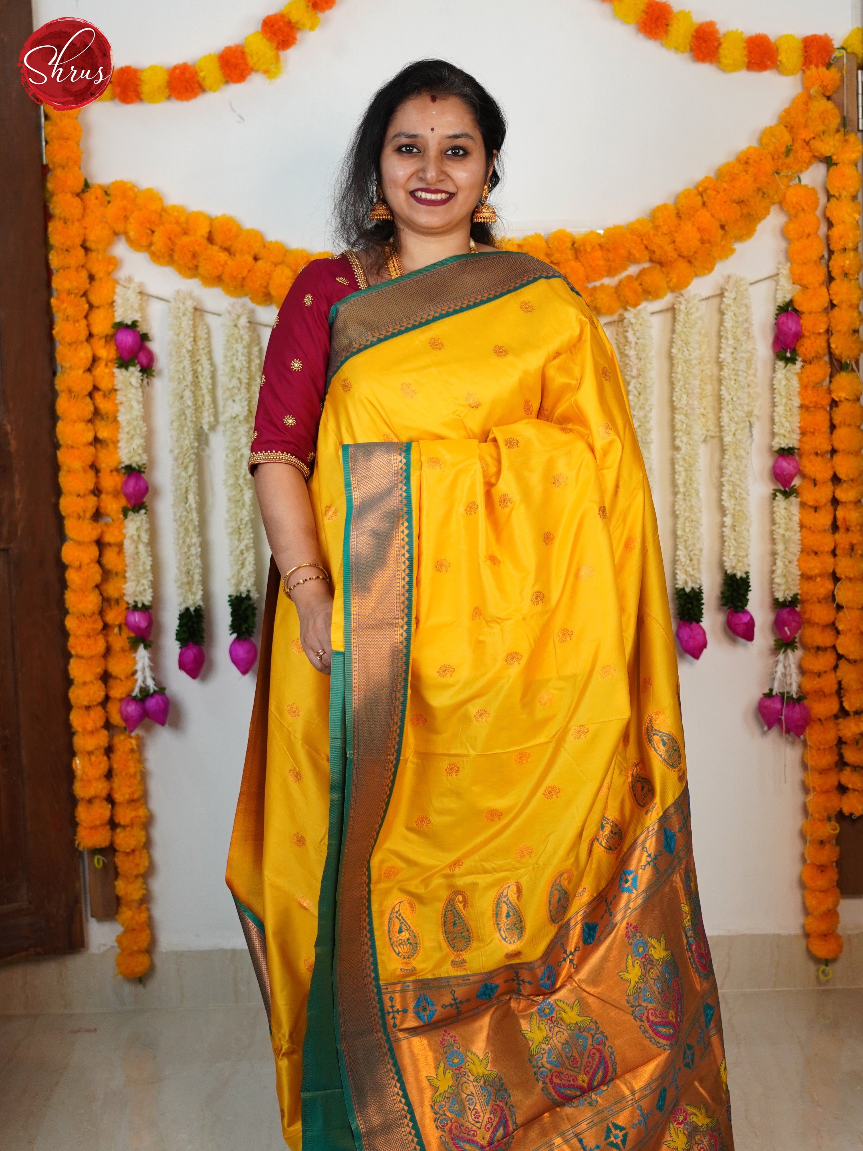 Yellow & Green - Semi Kanchipuram Saree - Shop on ShrusEternity.com