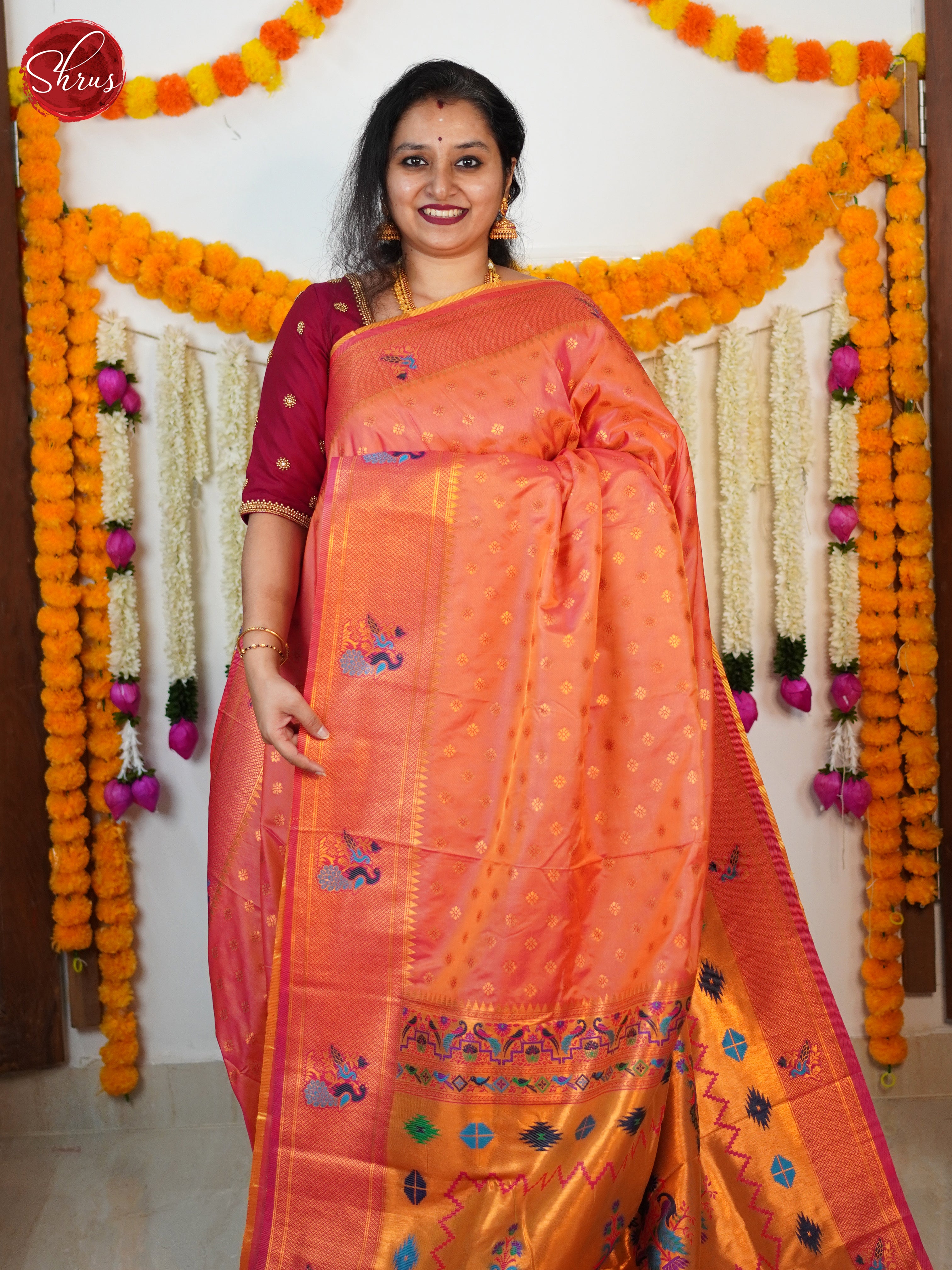 Orangish Pink(Single Tone) - Semi Paithani Saree - Shop on ShrusEternity.com