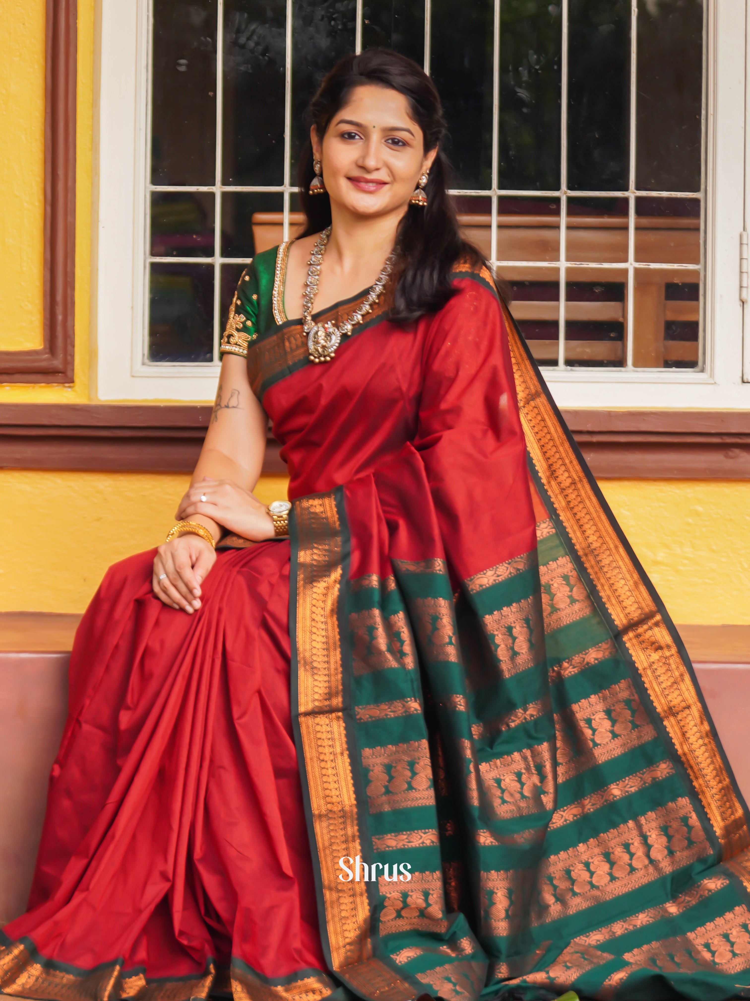 Red & Green - Kalyani Cotton Saree - Shop on ShrusEternity.com