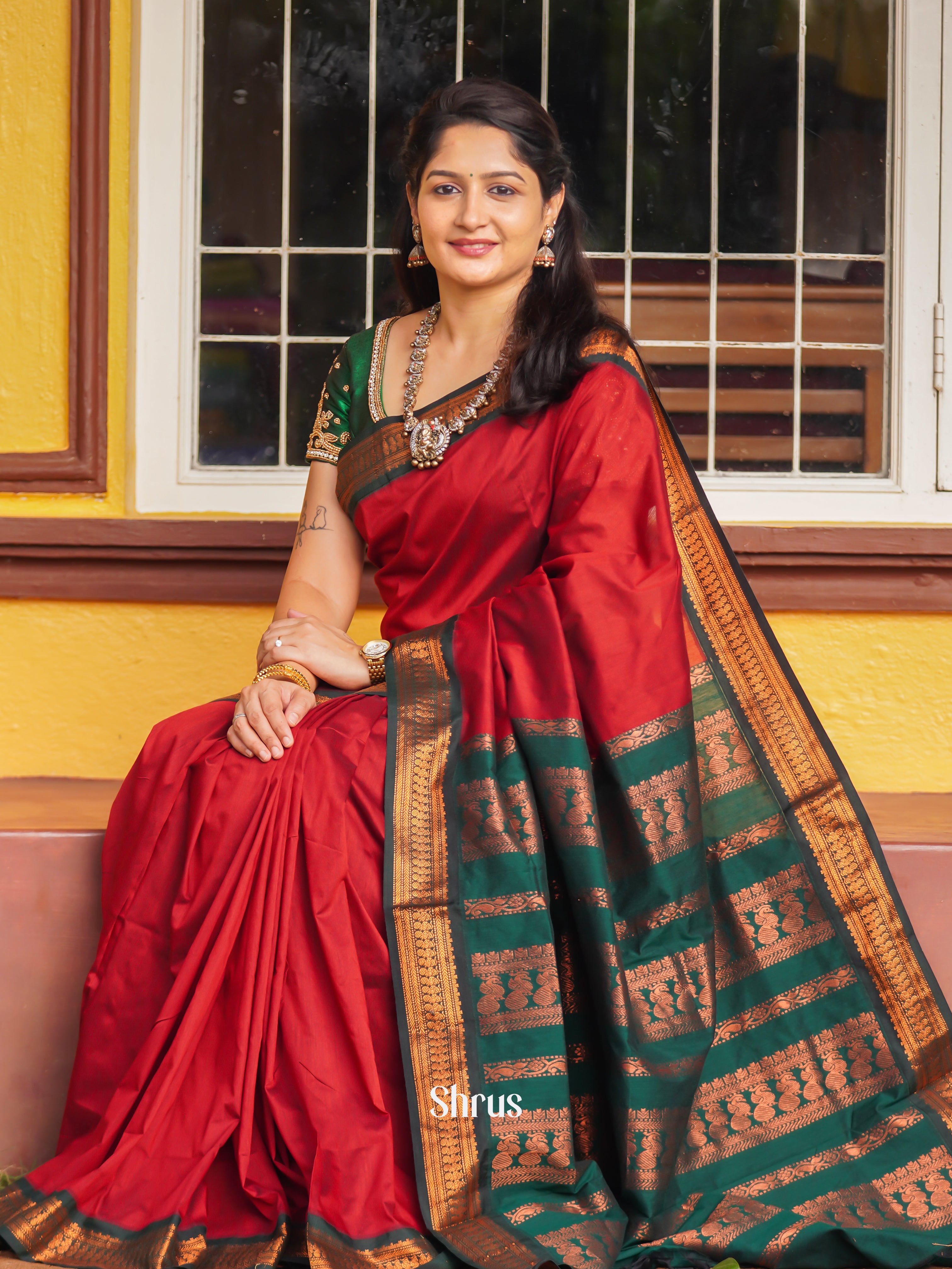 Red & Green - Kalyani Cotton Saree - Shop on ShrusEternity.com