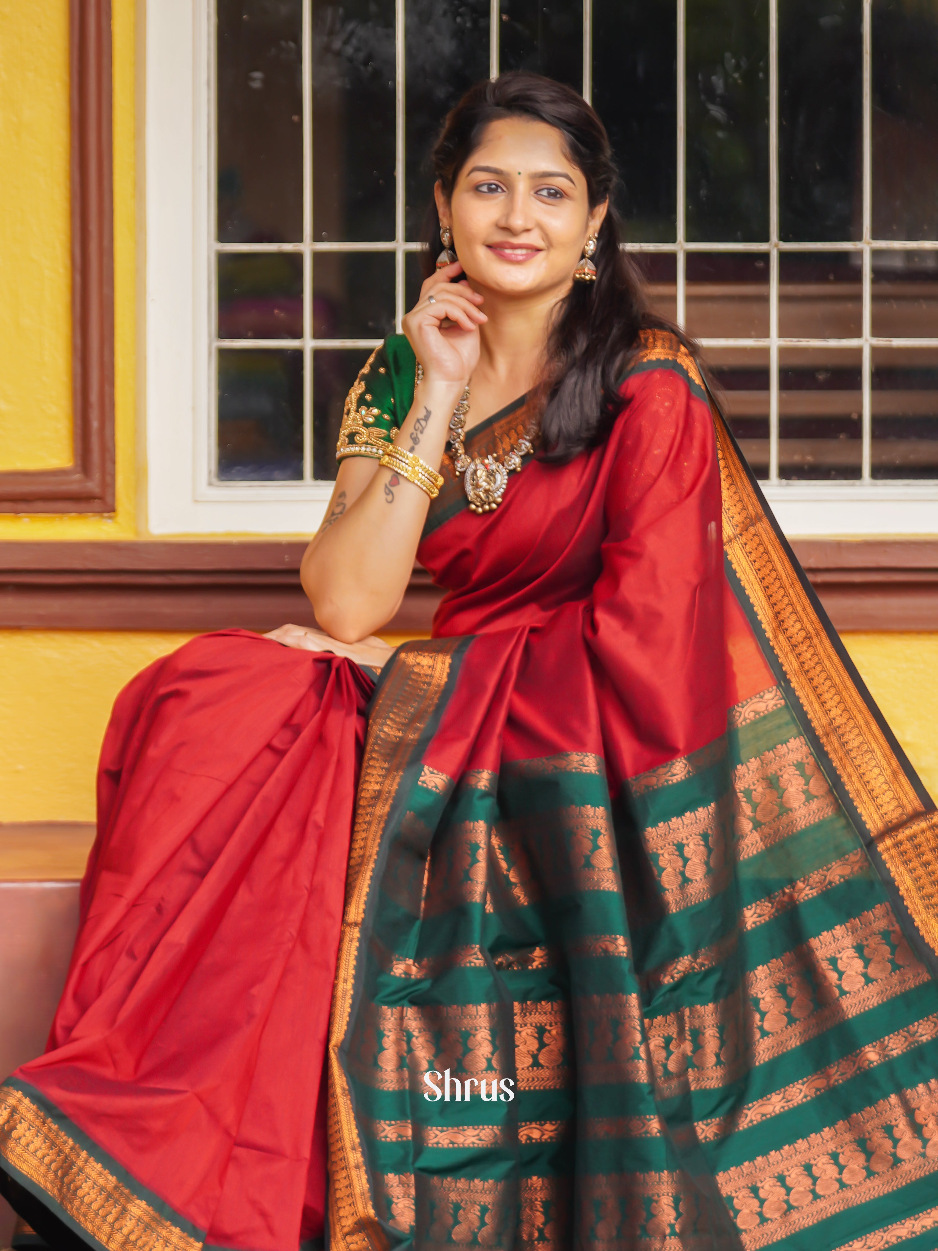 Red & Green - Kalyani Cotton Saree - Shop on ShrusEternity.com