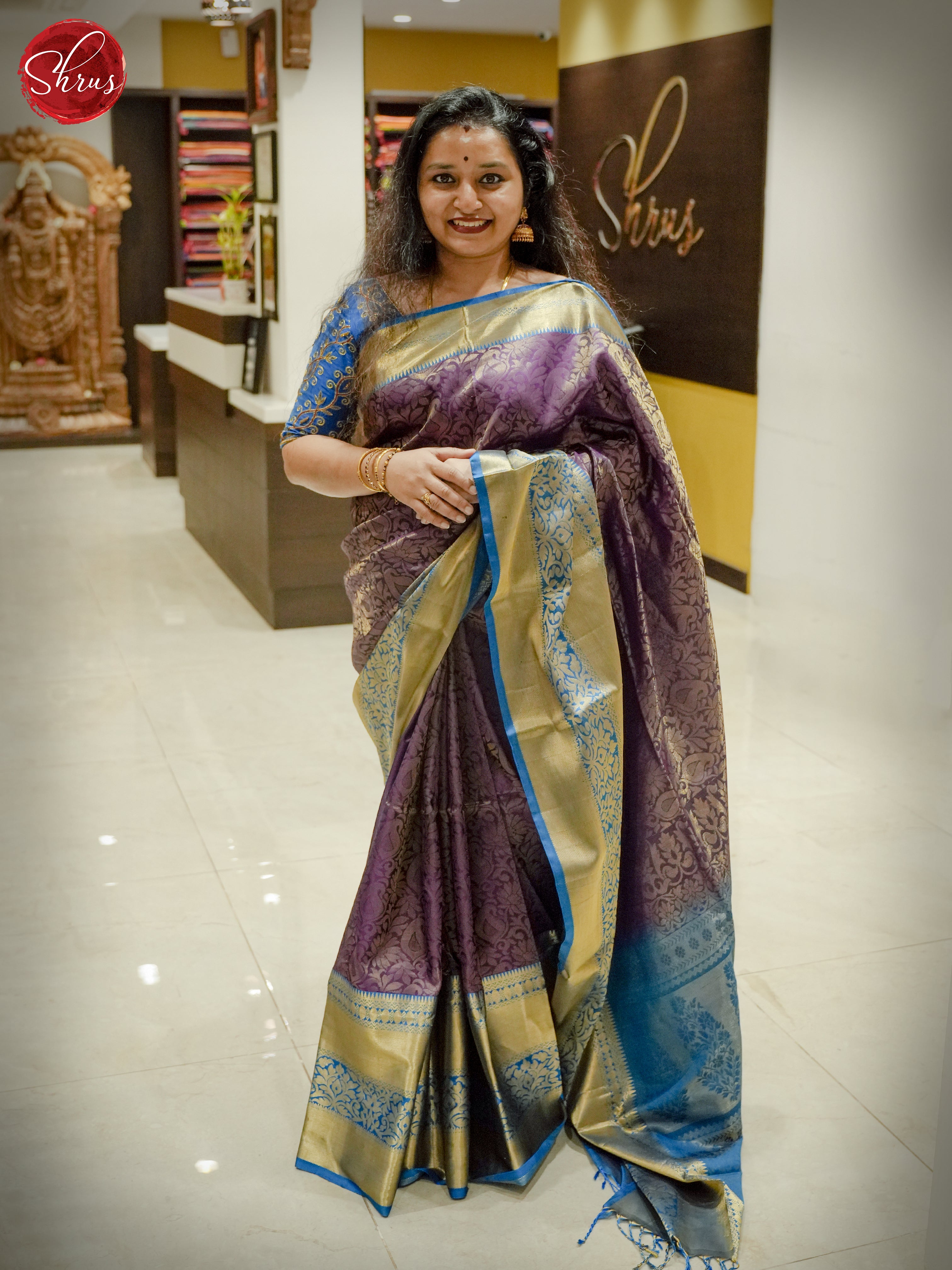 Purple & Blue- Soft Silk with zari woven floral brocade on the body & Contrast Zari Border - Shop on ShrusEternity.com