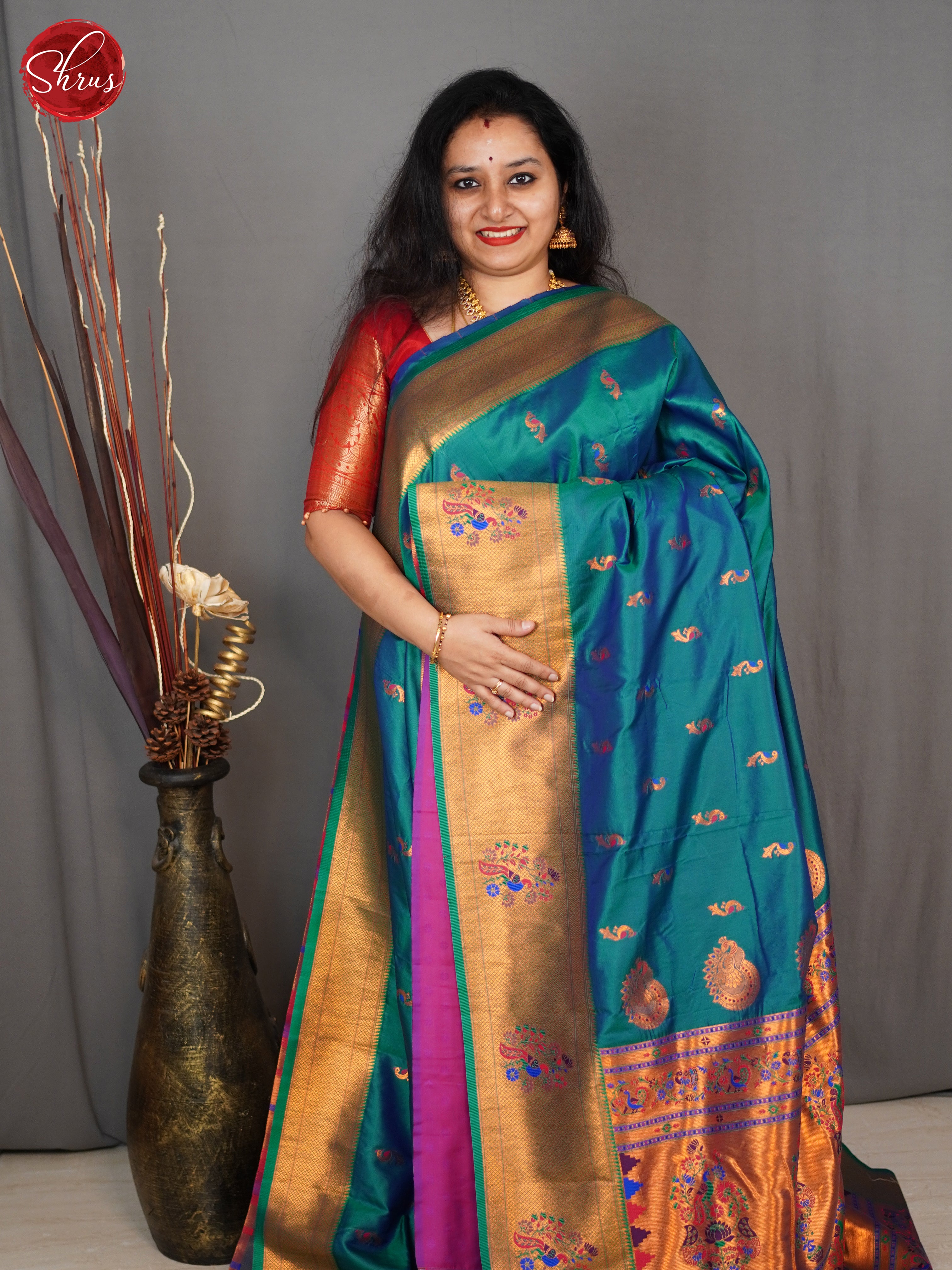Peacock Blue & Pink -Semi Paithani Saree - Shop on ShrusEternity.com