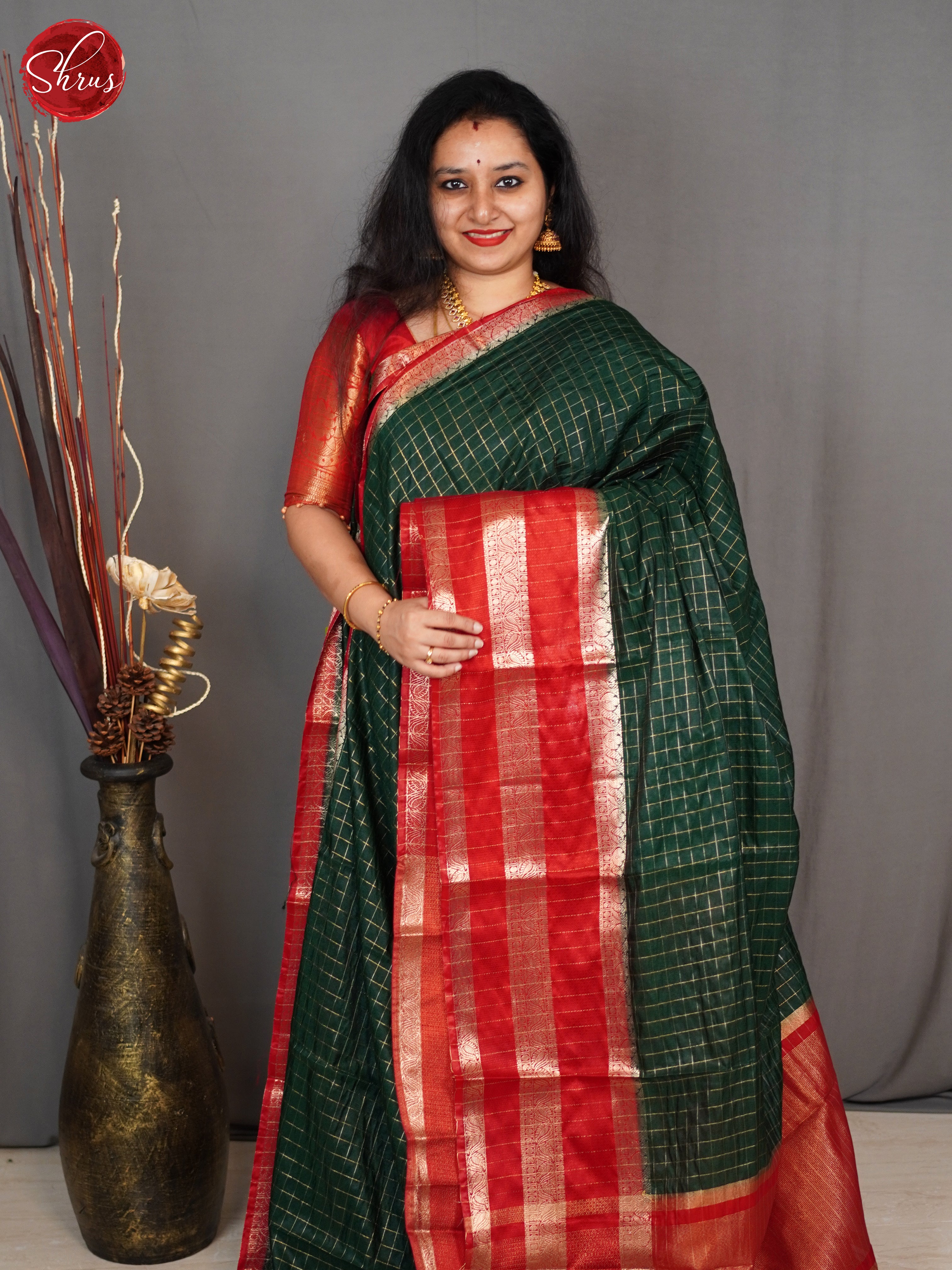 Green & Red- Semi Dupion Saree - Shop on ShrusEternity.com