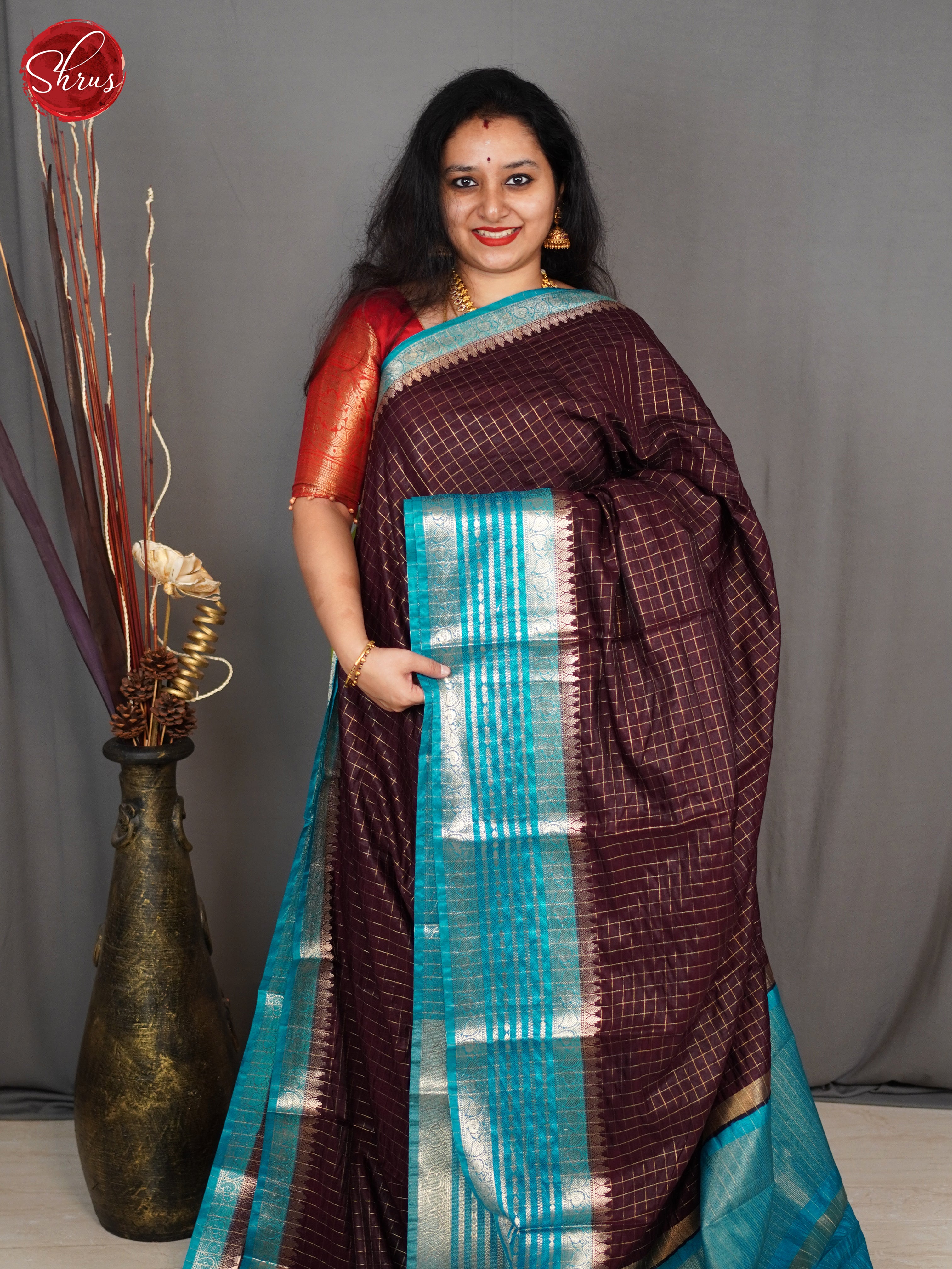 Brown & Blue - Semi Dupion Saree - Shop on ShrusEternity.com