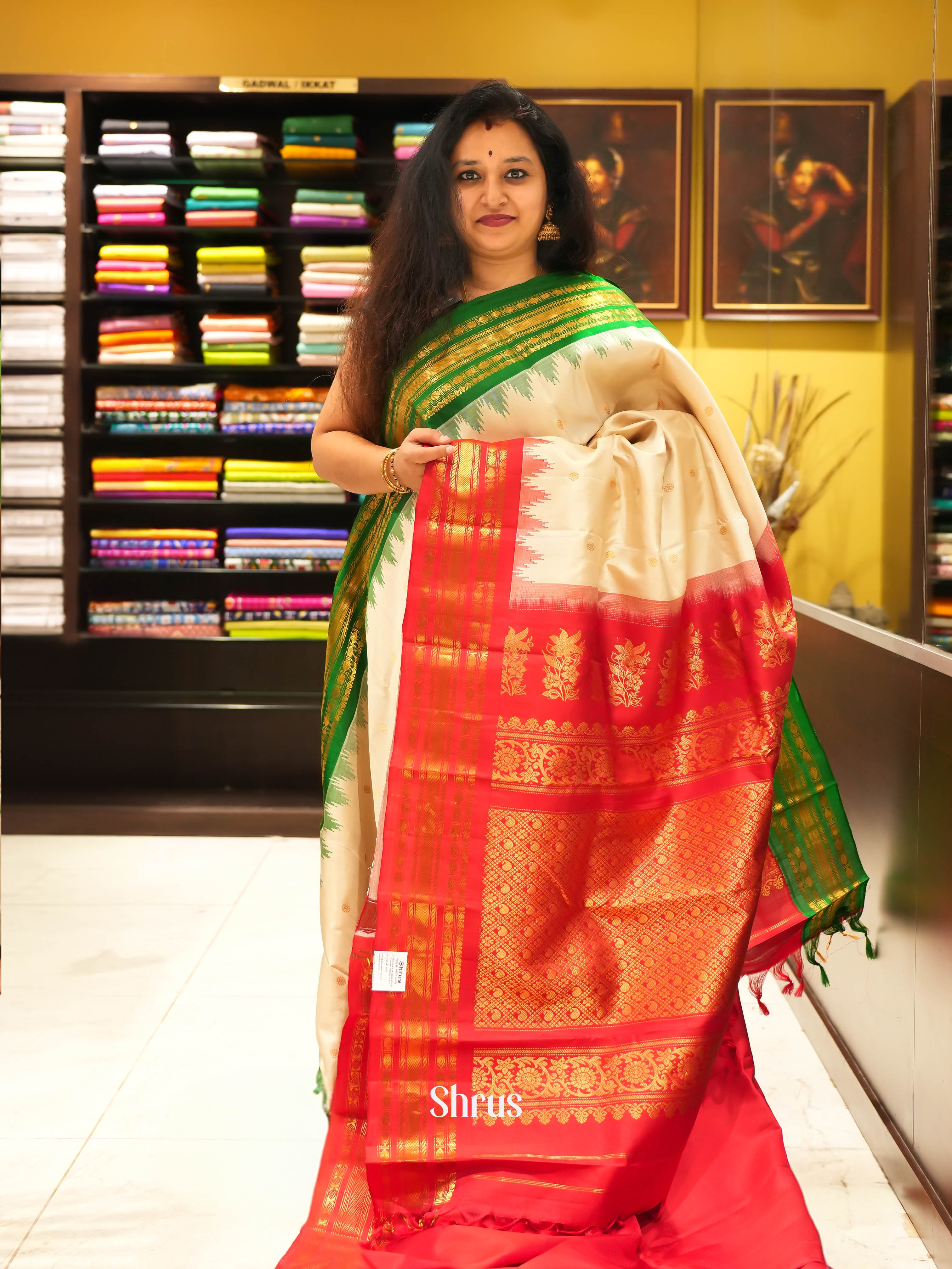 Beige, Green & Pink (Ganga Jamuna) - Gadwal silk Saree - Shop on ShrusEternity.com