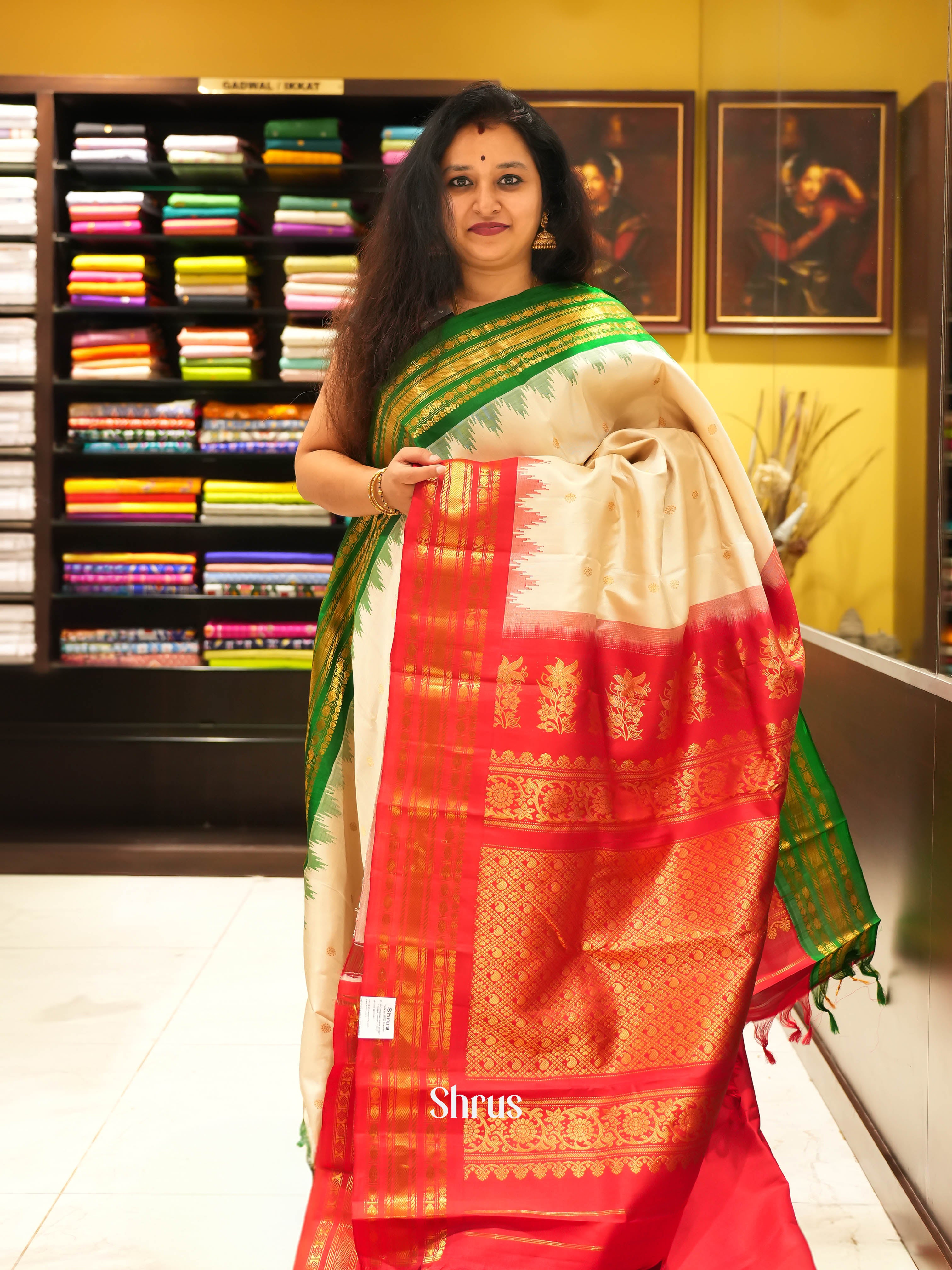 Beige, Green & Pink (Ganga Jamuna) - Gadwal silk Saree - Shop on ShrusEternity.com