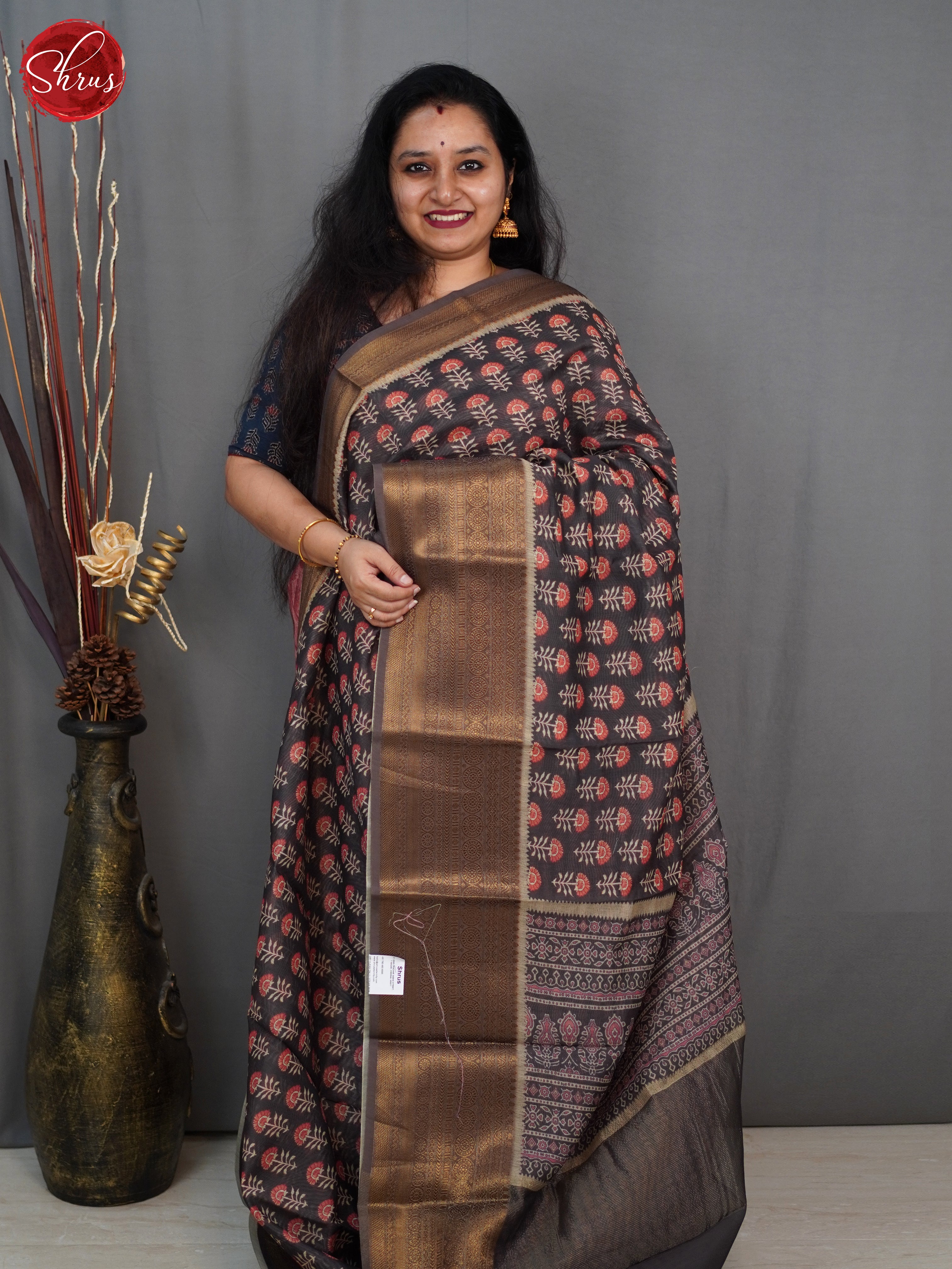 Brown(Single Tone)- Semi Chanderi with floral print on the body & zari Border - Shop on ShrusEternity.com