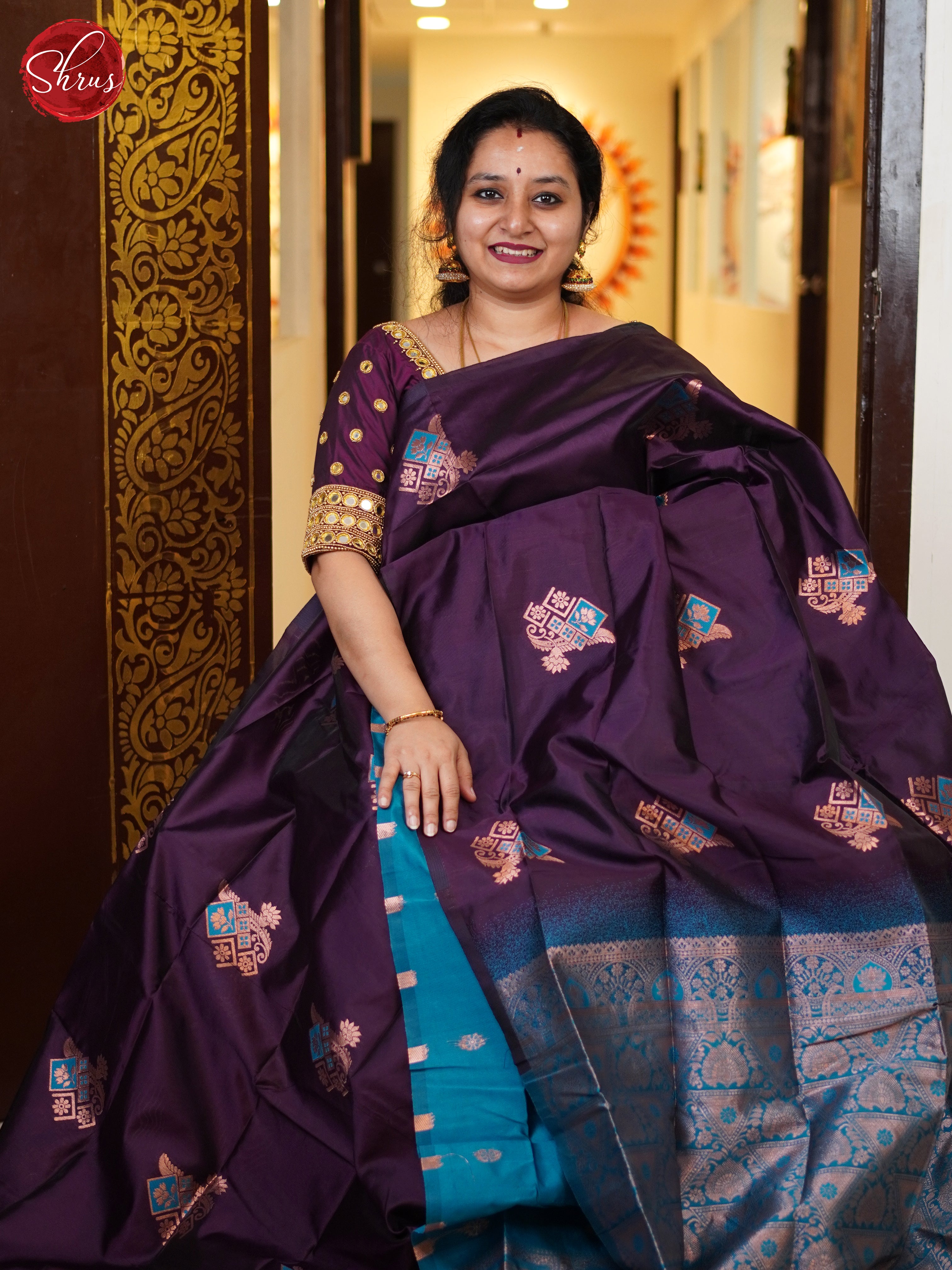 Wine & Blue - Semi Softsilk Saree - Shop on ShrusEternity.com