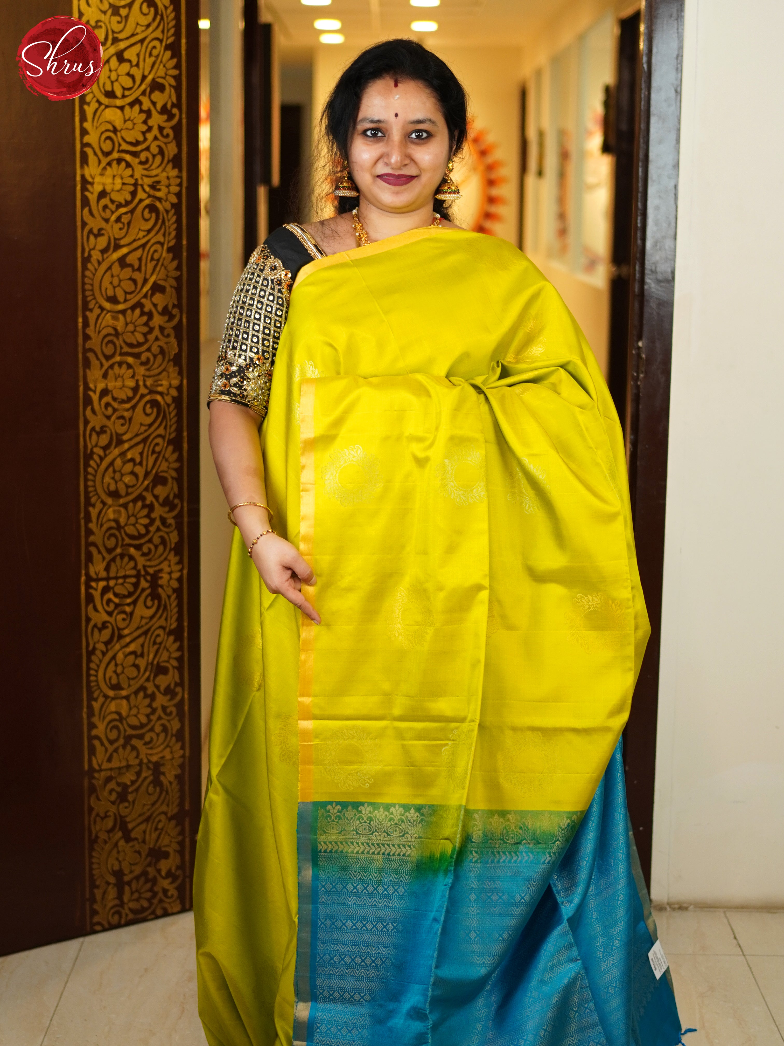 Lime Green & Blue - Soft Silk Saree - Shop on ShrusEternity.com