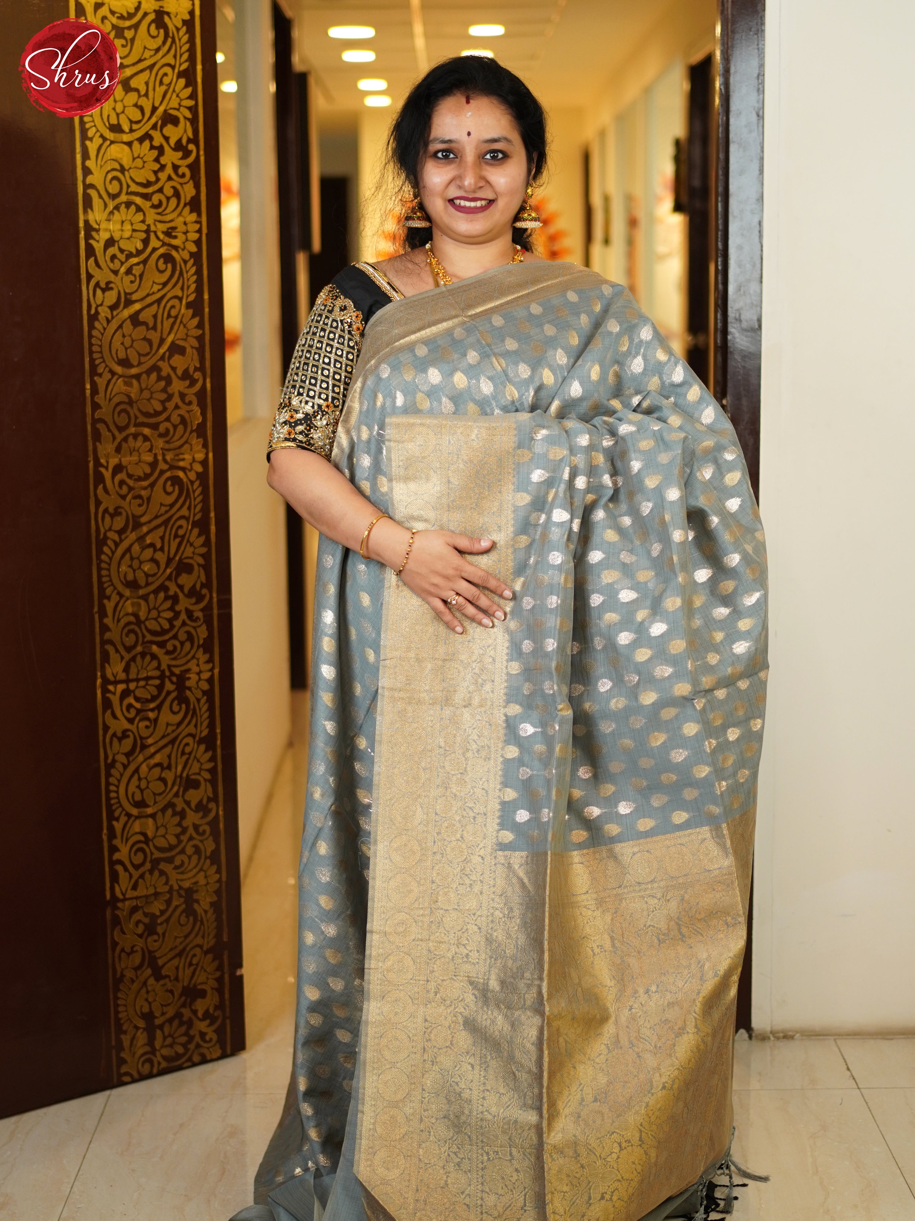 Grey(Single Tone)- Semi Banarasi with gold, silver zari buttas on the Body & Zari order - Shop on ShrusEternity.com