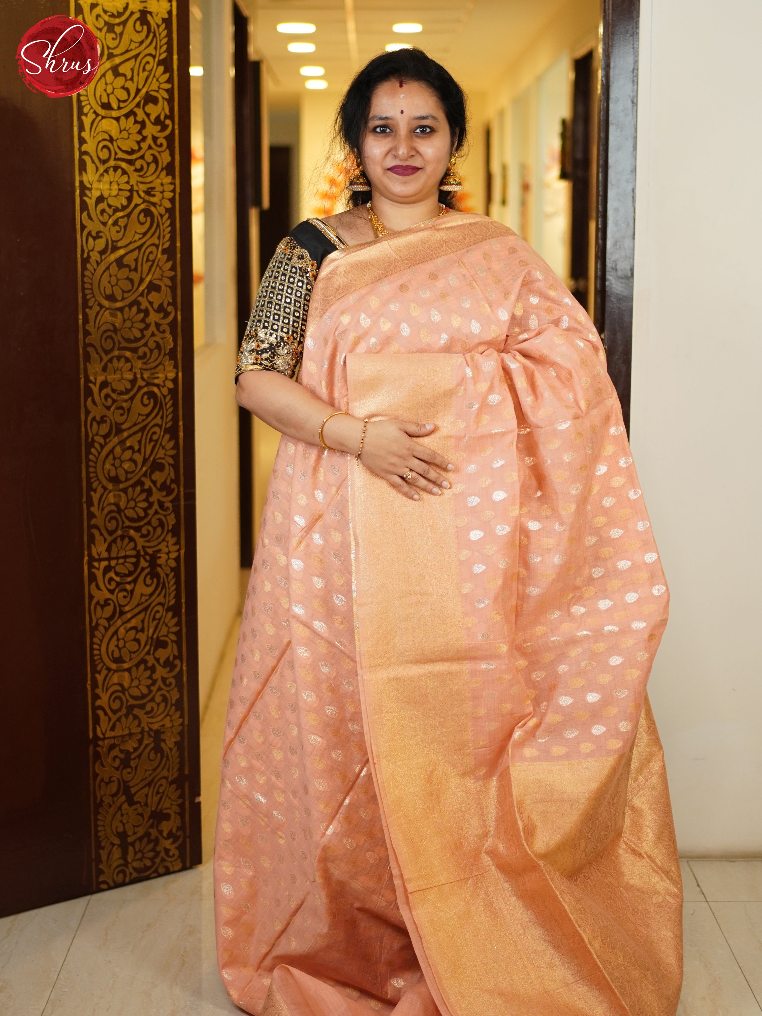 Peach(Single Tone)- Semi Banarasi with gold, silver zari buttas on the body& Zari Border - Shop on ShrusEternity.com