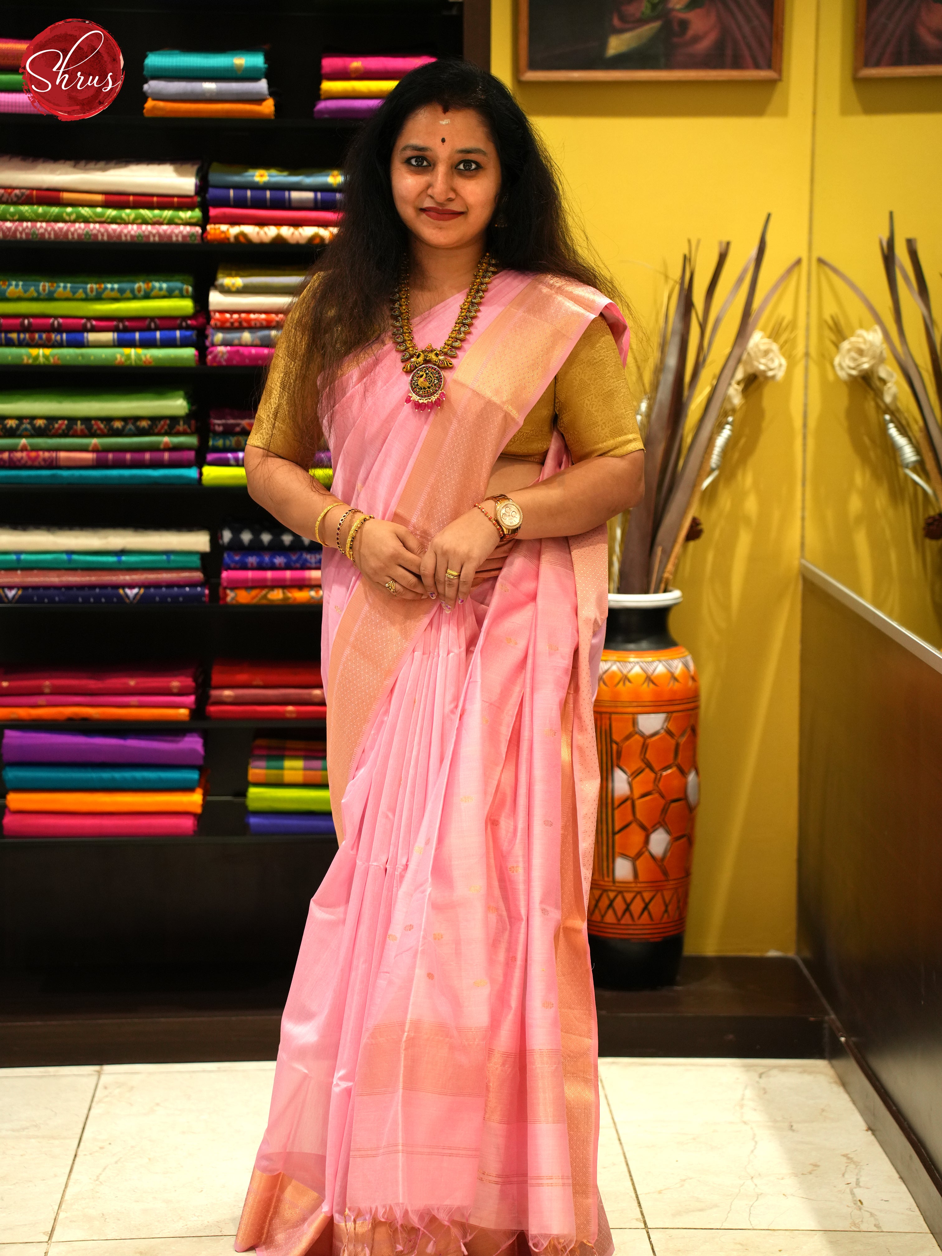 Pink(Single Tone)- Maheshwari Silk Cotton Saree - Shop on ShrusEternity.com