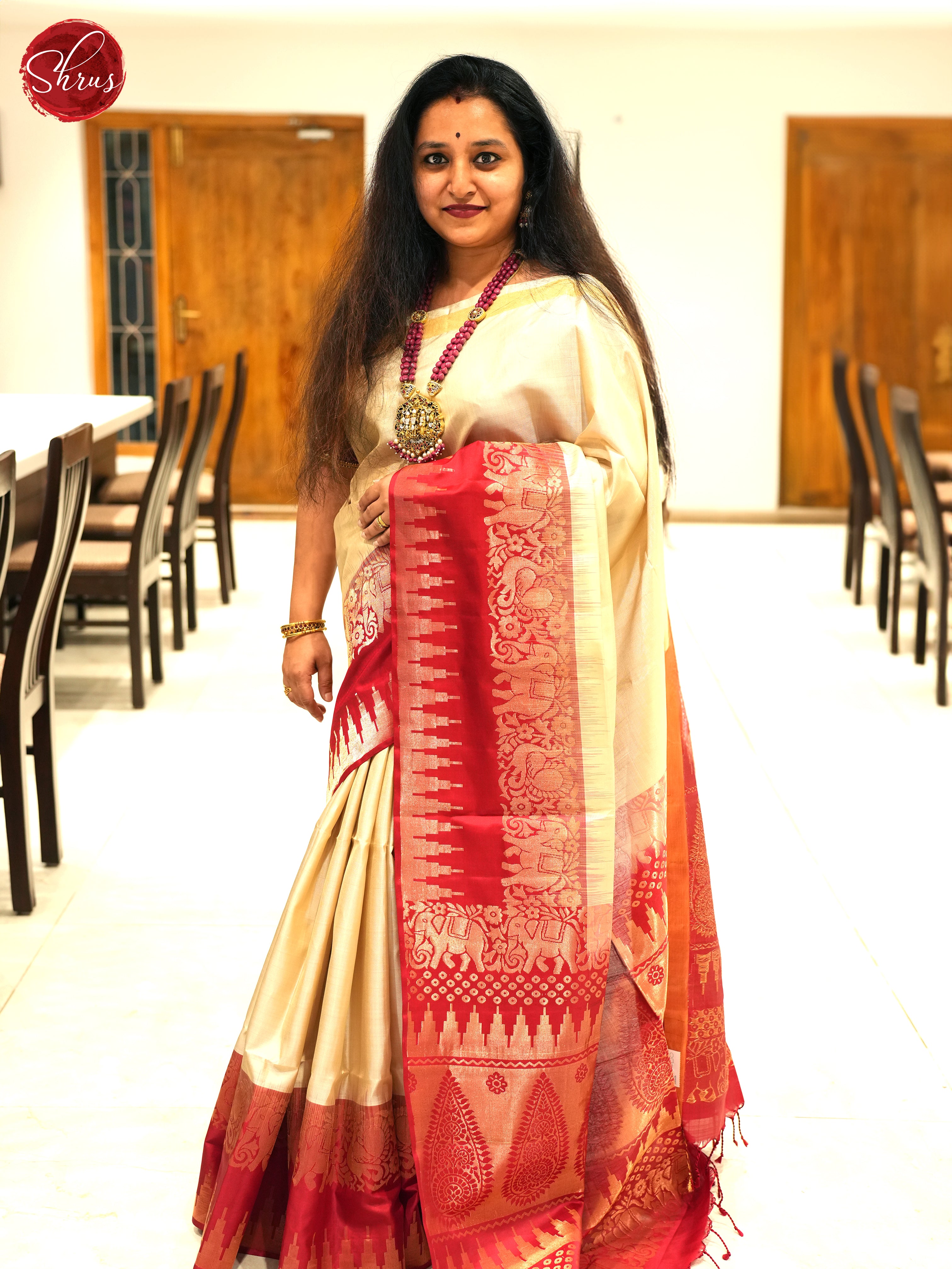Cream & Red- Soft silk Saree - Shop on ShrusEternity.com