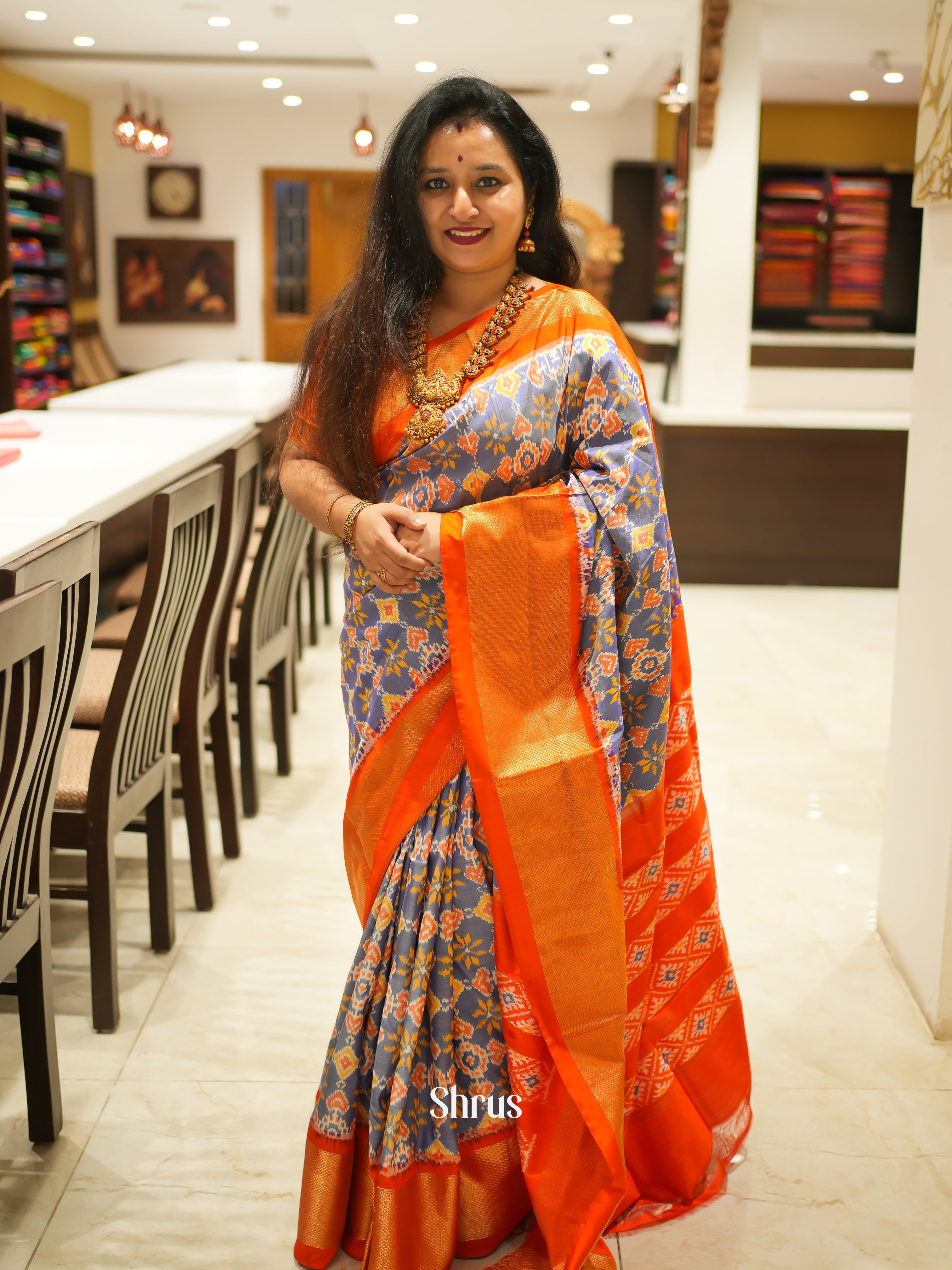 Blue and Orange- Ikkat Silk Saree - Shop on ShrusEternity.com