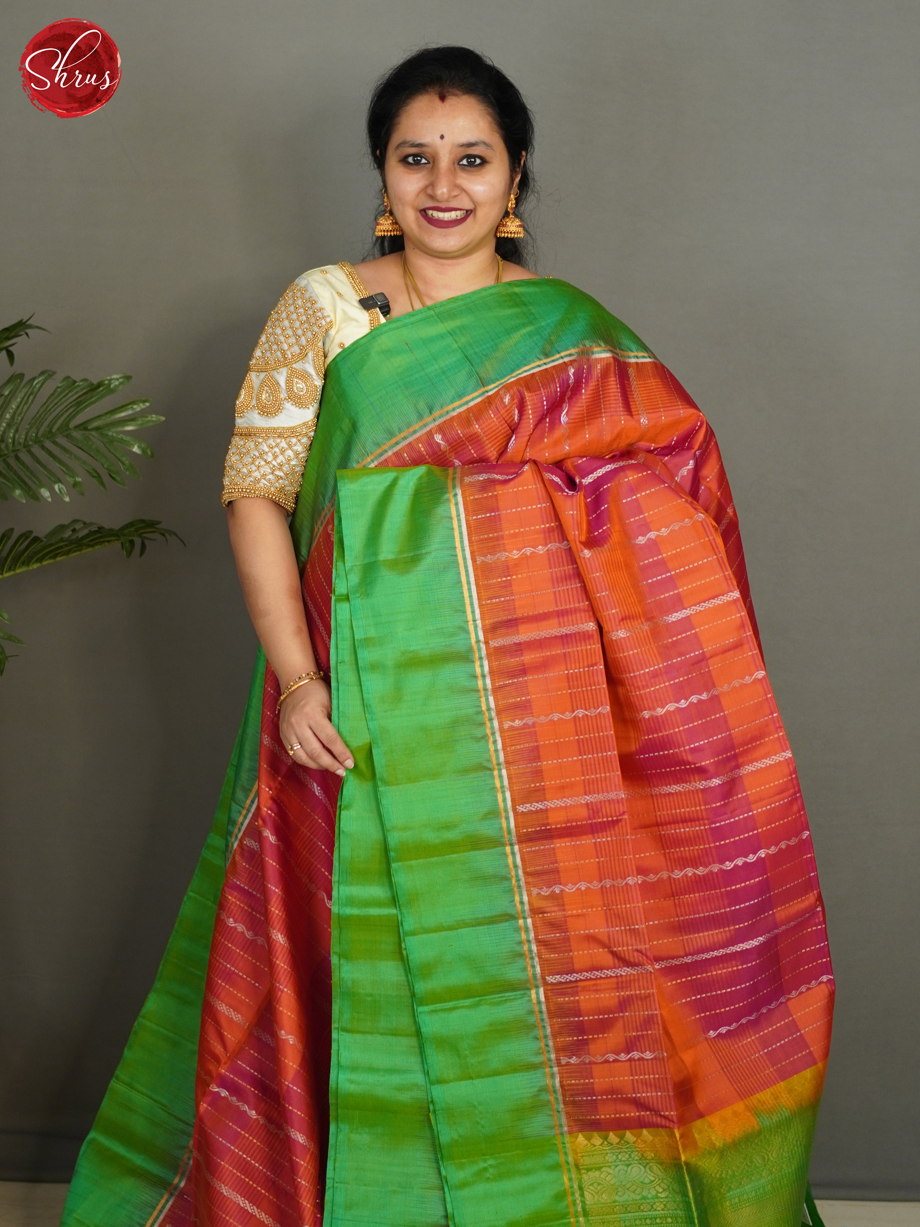 Orangish Pink & Green - Soft Silk Saree - Shop on ShrusEternity.com